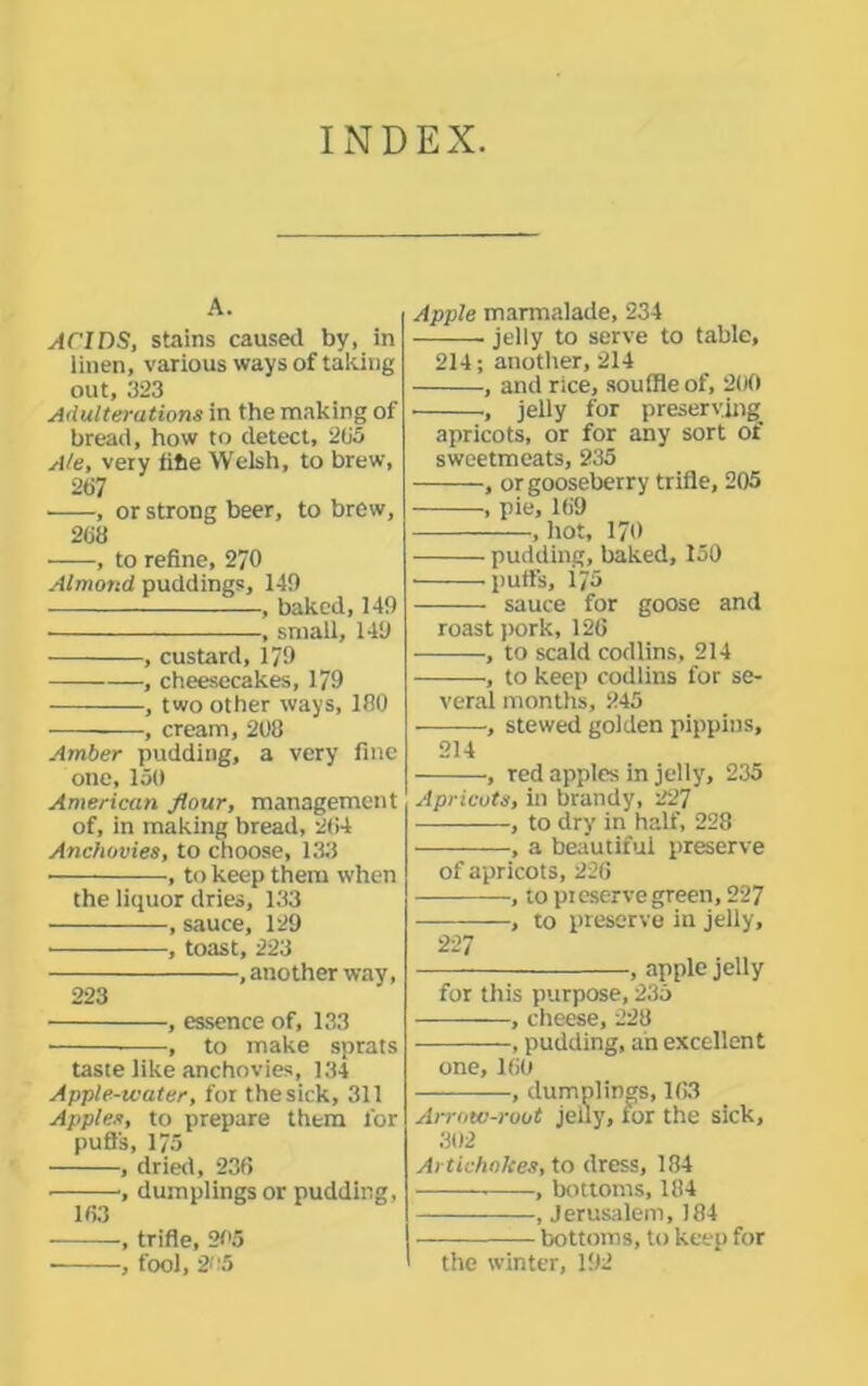 INDEX. A. ACIDS, stains caused by, in linen, various ways of taking out, 323 Adulterations in the making of bread, how to detect, 205 Ale, very lifce Welsh, to brew, 207 , or strong beer, to brew, 208 , to refine, 270 Almond puddings, 149 , baked,149 , small, 149 , custard, 179 , cheesecakes, 179 , two other ways, 180 , cream, 208 Amber pudding, a very fine one, 150 American flour, management of, in making bread, 204 Anchovies, to choose, 133 , to keep them when the liquor dries, 133 , sauce, 129 • , toast, 223 , another way, 223 , essence of, 133 , to make sprats taste like anchovies, 134 Apple-water, for the sick, 311 Apples, to prepare them for putt's, 175 , dried, 236 • ■, dumplings or pudding, 163 , trifle, 2<'5 ■ , fool, 205 Apple marmalade, 234 jelly to serve to table, 214; another, 214 , and rice, souffle of, 200 ■ , jelly for preserving apricots, or for any sort of sweetmeats, 235 , or gooseberry trifle, 205 , pie, 169 , hot, 170 pudding, baked, 150 putt's, 175 sauce for goose and roast pork, 126 , to scald codlins, 214 , to keep codlins for se- veral months, 245 , stewed golden pippins, 214 , red apples in jelly, 235 Apricots, in brandy, 227 —-, to dry in half, 228 -———, a beautiful preserve of apricots, 226 , topteservegTeen,227 , to preserve in jelly, 227 , apple jelly for this purpose, 235 , cheese, 228 , pudding, ah excellent one, 160 , dumplings, 163 Arrow-root jelly, for the sick, 302 Artichokes, to dress, 184 , bottoms, 184 , Jerusalem, 184 bottoms, to keep for 1 the winter, 192
