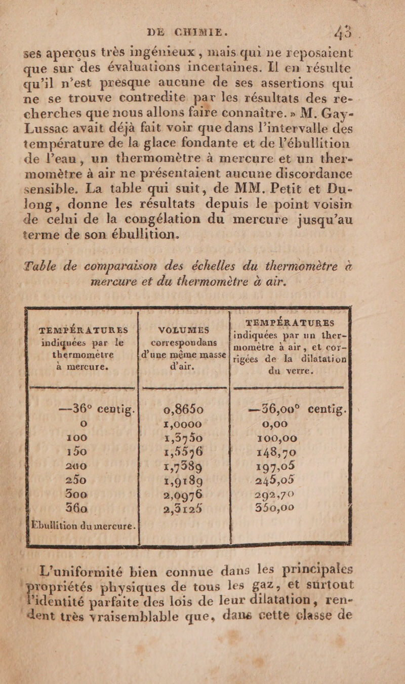 ses aperçus très ingénieux , mais qui ne reposaient que sur des évaluations incertaines. Il en résulte qu’il n’est presque aucune de ses assertions qui ne se trouve contredite par les résultats des re-. cherches que nous allons faire connaître.» M. Gay- Lussac avait déjà fait voir que dans l’intervalle des température de la glace fondante et de l’ébullition de l’eau, un thermomètre à mercure et un ther- momètre à air ne présentaient aucune discordance sensible. La table qui suit, de MM. Petit et Du- long, donne les résultats depuis le point voisin de celui de la congélation du mercure jusqu’au terme de son ébullition. Table de comparaison des échelles du thermomètre à mercure et du thermomètre à air. TEMPÉRATURES indiquées par un ther- momètre à air, et cor- rigées de la dilatation du verre. TEMPÉRATURES VOLUMES indiquées par le correspoudans thermometre d’une même masse à mercure. d’air. 1,0000 0,00 100 |! x,8950 100,00 150 1,5596 148,70 240 1,7389 197,05 250 1,9189 245,05 300 2,0976 292,70 360 2,312 550,00 Ebullition du mercure. L'uniformité bien connue dans les principales . ho physiques de tous les gaz, et surtout :W'identité parfaite des lois de leur dilatation, ren- ‘dent très vraisemblable que, dans cette classe de