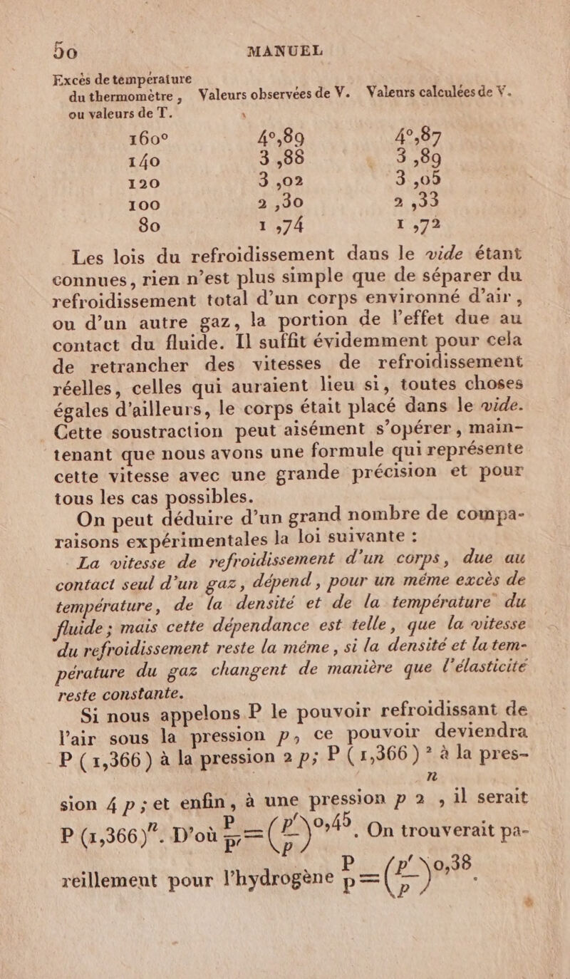 Excès de temperature du thermomètre, Valeurs observées de V. Valeurs calculées de Y. ou valeurs de T. \ 1600 4°,89 4°,87 140 3 ,88 7,00 120 3 ,02 3 ,09 100 2 ,30 2 ,33 80 1 74 15277 Les lois du refroidissement daus le vide étant connues, rien n’est plus simple que de séparer du refroidissement total d’un corps environné d'air, ou d’un autre gaz, la portion de l'effet due au contact du fluide. Il suffit évidemment pour cela de retrancher des vitesses de refroidissement réelles, celles qui auraient lieu si, toutes choses égales d’ailleurs, le corps était placé dans le vide. Cette soustraction peut aisément s’opérer, main- tenant que nous avons une formule qui représente cette vitesse avec une grande précision et pour tous les cas possibles. On peut déduire d’un grand nombre de compa- raisons expérimentales la loi suivante : La vitesse de refroidissement d'un corps, due au contact seul d’un gaz, dépend, pour un même excès de température, de la densité et de la température du fluide ; mais cette dépendance est telle, que la vitesse du refroidissement reste la même , si la densité et la tem- pérature du gaz changent de manière que l'élasticite reste constante. Si nous appelons P le pouvoir refroidissant de l'air sous la pression p, ce pouvoir deviendra P (1,366) à la pression 2 p; P (1,366) ? à la pres- n sion 4 p;et enfin, à une pression p 2 , il serait Ris PAPA OA) i P (1,366) . D'où p=(E) 1°, On trouverait pa- D KA 2 + Pi: /p'Noss6 reillement pour l'hydrogène p=(e ) :