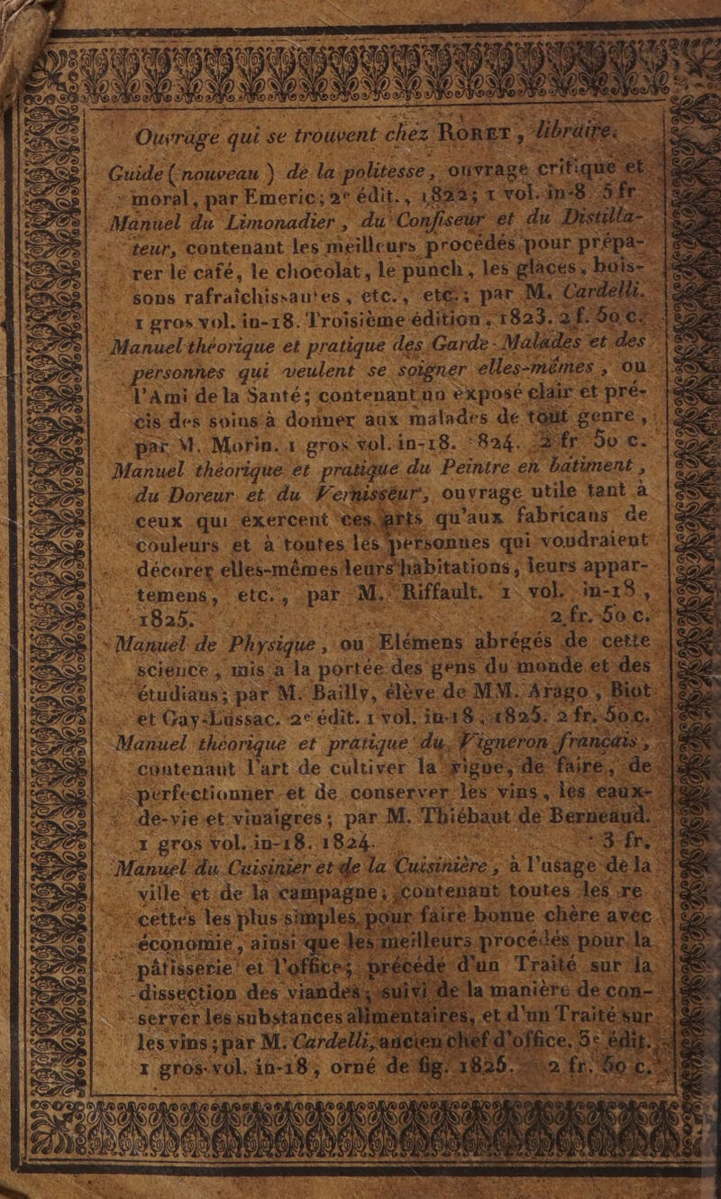 + RSR D Es $ Ouvrage qui se trouvent chez RORET , libra Guide (nouveau ) dé la politesse ouvrage Critique € *moral, par Emeric; 2° édit. , 18225 x vol-in-8. Sfr \ Ÿ À ) ©) de teur, contenant les meilleurs procédés ‘pour prépa- rer le café, le chocolat, le punch, les glacés, baise” sons rafraichissautes , etc., et@: par M, Cardelir. 1 gros vol. in-18. Troisième édition ; r823. 21.50€: l’Ami de la Santé; contenant nn exposé gldir et pré- cis des soinsà donner aux malades de tQut genre, : par M, Morin. 1. gros vol.in-18. ‘824. fr ‘So c: du Doreur et du Vermisseur', ouvrage utile tant à ceux qui éxercent ‘06s f@nts qu'aux fabricans Ge couleurs et à toutes lés personnes qui voudraient décorer elles-mêmes leürs‘habitations , leurs appar- temens, etc., par M.Riffault. 1 vol. -in-13 , 1825. : se 2fr..50 c.* science , mis a la portée des gens du monde et des “étudiaus; par M; Bailly, élève de MM: Arigo, Biot | ét Cay-Lussac. 2° édit. 1 vol. im18 2829: 2fr.500 cuutenaut l'art de cultiver la yigoe, de: faire, de perfectionner et de conserver les vins, les eaux- 2p dé-vieret viuaigres; par M. Thiébaut de Berneñud. x gros vol. in-18.1824. | Fa tree Manuel du Cuisiner etde la Cuisinière, à l'usage de la > ville et de la Campagne; Contenant toutes les re: ‘céttés les plus simples pour-faire bonne chère avec : Le: s d'un Traité sur la . -dissection des viandeas seul: la manière de con- k: server les substances alimentaires, et d'un Traité su ‘ les vins; par M. Curdelli añcienchef d'office. 5° 1 gros-vol. in-18, orné de fig!