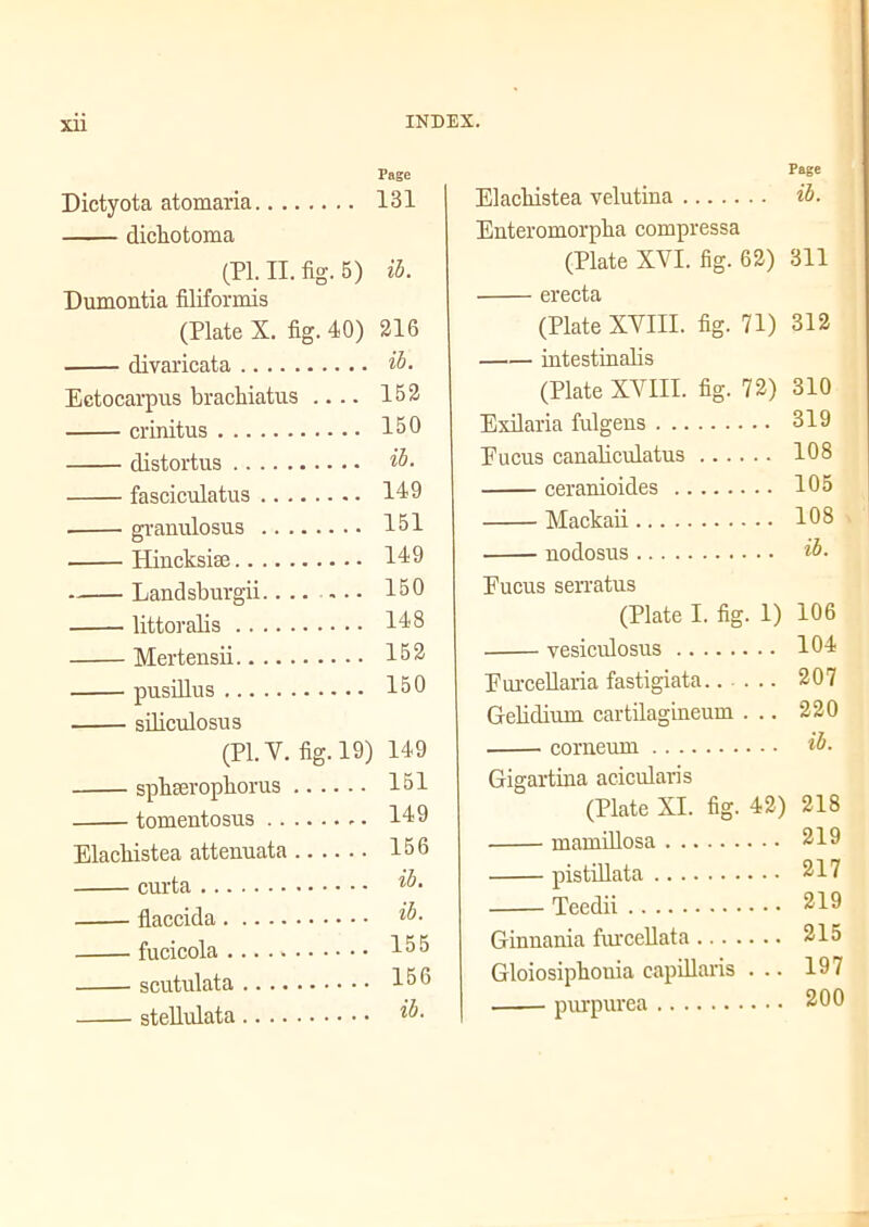 Xll Page Dictyota atomaria 131 dicliotoma (PI. II. fig. 5) ib. Dumontia filiformis (Plate X. fig. 40) 216 divaricata ib. Ectocarpus brachiatus .... 152 crinitus 150 distortus ib- fasciculatus 149 granulosus 151 Hinckske 149 Landsburgii........ 150 littoralis 148 Mertensii 152 pusillus 150 siliculosus (PI. V. fig. 19) 149 sphaerophorus 151 tomentosus 149 Elachistea attenuata 156 curta ib. flaccida . fucicola . scutulata stellulata ib. 155 156 ib. Page Elachistea velutina ib. Enteromorpha compressa (Plate XVI. fig. 62) 311 erecta (Plate XVIII. fig. 71) 312 intestinalis (Plate XVIII. fig. 72) 310 Exilaria fulgens 319 Eucus canaliculatus 108 ceranioides 105 Mackaii 108 nodosus ib- Eucus serratus (Plate I. fig. 1) 106 vesiculosus 104 Eurcellaria fastigiata 207 Gelidium cartilagineum ... 220 corneum ib. Gigartina acicularis (Plate XI. fig. 42) 218 mamillosa 219 pistillata 217 Teedii 219 Ginnania furcellata 215 Gloiosiphouia capillaris ... 197 purpurea 200