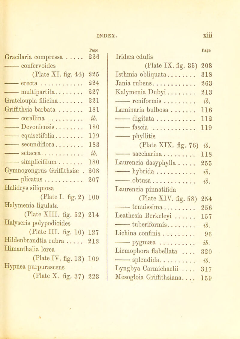 Page Gracilaria compressa 226 confervoides (Plate XI. fig. 44) 225 erecta 224 multipartita 227 Grateloupia filicina 221 Griffitbsia barbata 181 corallina ib. Devoniensis 180 equisetifolia 179 secundiflora 183 setacea ib. simplicifilum 180 Gymnogongrus Gritfithsiae . 208 plicatus 207 Halidrys siliquosa (Plate! fig. 2) 100 Halymenia bgulata (Plate XIII. fig. 52) 214 Halyseris polypodioides (Plate III. fig. 10) 127 Hildenbrandtia rubra 212 Himanthalia lorea (Plate IV. fig. 13) 109 Hypnea purpurascens (Plate X. fig. 37) 223 Page Iridsea edulis (Plate IX. fig. 35) 203 Isthmia obliquata 318 Jania rubens 263 Kalymenia Dubyi 213 reniformis ib. Laminaria bulbosa 116 digitata 112 fascia 119 pbylbtis (Plate XIX. fig. 76) ib. saccharina 118 Laurencia dasyphylla 255 hybrida ib. obtusa ib. Laurencia pinnatifida (Plate XIV. fig. 58) 254 tenuissima 256 Leathesia Berkeleyi 157 tuberiformis ib. Lichina confinis 96 pygmsea ib. Licmopliora flabellata .... 320 splendida ib. Lyngbya Carmichaelii .... 317 Mesogloia Griffithaiana.... 159