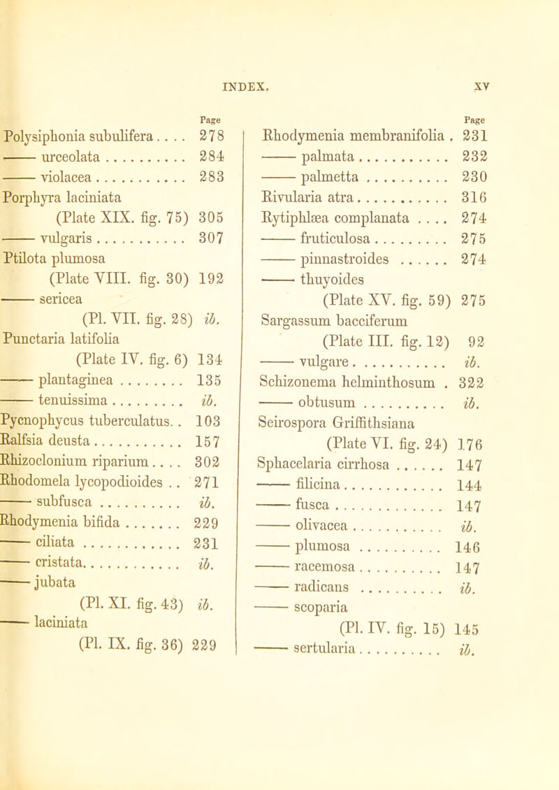 Page Polysiphonia subulifera.... 278 ■ urceolata 284 violacea 283 Porphyra laciniata (Plate XIX. fig. 75) 305 vulgaris 307 Ptilota plumosa (Plate VIII. fig. 30) 192 sericea (PL VII. fig. 28) ib. Punctaria latifofia (Plate IV. fig. 6) 134 plantaginea 135 tenuissima ib. Pycnophycus tuberculatus. . 103 Ralfsia deusta 157 Rliizocloilium riparium.... 302 Rhodomela lycopodioides .. 271 subfusca ib. Rhodymenia bifida 229 ciliata 231 cristata. ib. jubata (PI. XI. fig. 43) ib. laciniata (PI. IX. fig. 36) 229 Page Rhodymenia membranifolia . 231 palmata 232 palmetta 230 Rivularia atra 316 Rytiphlsea complanata .... 274 fruticulosa 275 pinnastroides 274 thuyoides (Plate XV. fig. 59) 275 Sargassum bacciferum (Plate III. fig. 12) 92 vulgare ib. Scbizonema helminthosum . 322 obtusum ib. Seirospora Griffithsiana (Plate VI. fig. 24) 176 Sphacelaria cirrhosa 147 filicina 144 fusca 147 olivacea ib. plumosa 146 racemosa 147 radicans ib. scoparia (PI. IV. fig. 15) 145 sertularia ib.