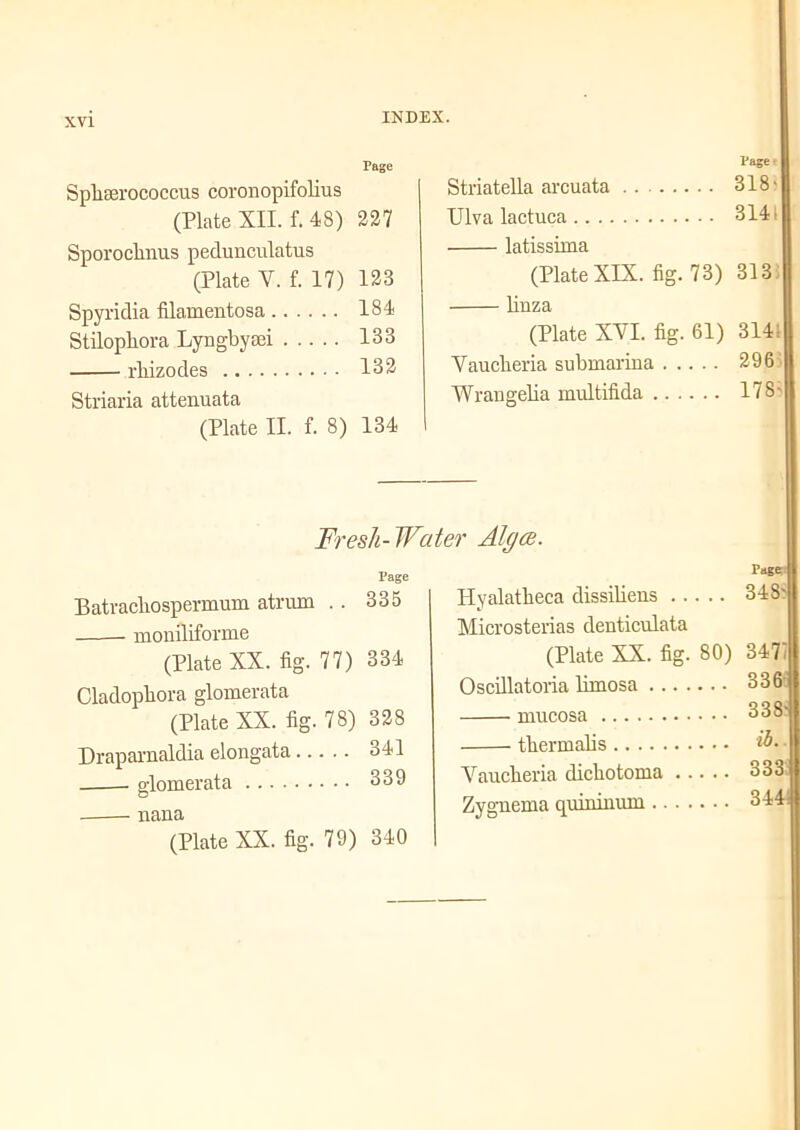 Page Spbserococcus coronopifolius (Plate XII. f. 48) 227 Sporoclinus pedunculatus (Plate Y. f. 17) 123 Spyridia filamentosa 184 Stilopbora Lyngbysei 133 rliizodes 132 Striaria attenuata (Plate II. f. 8) 134 Page t Striatella arcuata .. 318 ■ Ulva lactuca 3141 latissima (Plate XIX. fig. 73) 313 linza (Plate XVI. fig. 61) 314; Yaucberia submarina 296 Wrangelia multifida 178' Fresli-Water Algae. Page Batvacbospermum atrum . . 335 momliforme (Plate XX. fig. 77) 334 Cladopbora glomerata (Plate XX. fig. 78) 328 Draparnaldia elongata 341 glomerata 339 nana (Plate XX. fig. 79) 340 Page Hyalatbeca dissibens 348' Microsterias deuticulata (Plate XX. fig. 80) 3471 Oscillatoria limosa .. mucosa tbermabs Yaucberia dicbotoma Zyguema quinmum .. 336 33S' lb. 333 3441