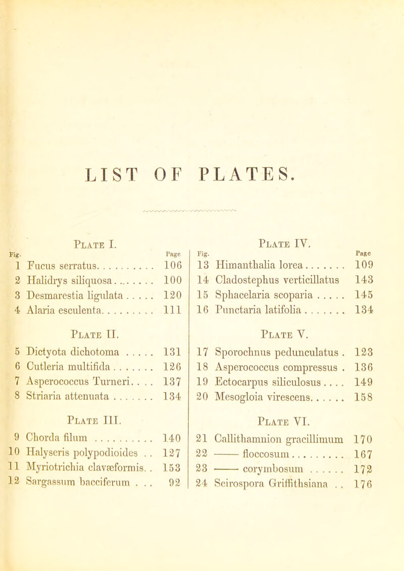 LIST OF Plate I. Fig. Page 1 Fticus serratus 106 2 Halidrys siliquosa 100 3 Desmarestia ligulata 120 4 Alaria esculenta Ill Plate II. 5 Dictyota dichotoma 131 6 Cutleria multifida 126 7 Asperococcus Turneri. ... 137 8 Striaria attenuata 134 Plate III. 9 Chorda fUum 140 10 Halyseris polypodioides . . 127 11 Myriotrichia clavseformis. . 153 12 Sargassum baeciferum ... 92 LATFS. Plate IV. Page Himantlialia lorea 109 Cladostephus verticillatus 143 Sphacelaria scoparia 145 Punctaria latifolia 134 Plate V. Spovochnus pedunculatus . 123 Asperococcus compressus . 136 Ectocarpus silicidosus .... 149 Mesogloia virescens 158 Plate VI. Callithamnion gracillimum 170 floccosum 167 • corymbosum 172 Seirospora Griffithsiana . . 176 P Fig. 13 14 15 16 17 18 19 20 21 22 23 24