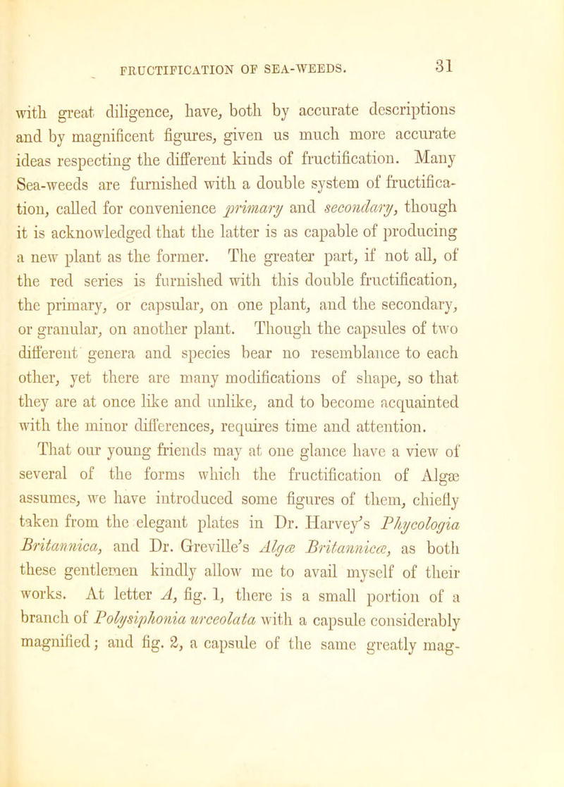 with great diligence, have, both by accurate descriptions and by magnificent figures, given us much more accurate ideas respecting the different kiuds of fructification. Many Sea-weeds are furnished with a double system of fructifica- tion, called for convenience primary and secondary, though it is acknowledged that the latter is as capable of producing a new plant as the former. The greater part, if not all, of the red series is furnished with this double fructification, the primary, or capsular, on one plant, and the secondary, or granular, on another plant. Though the capsules of two different genera and species bear no resemblance to each other, yet there are many modifications of shape, so that they are at once like and unlike, and to become acquainted with the minor differences, requires time and attention. That our young friends may at one glance have a view of several of the forms which the fructification of Algae assumes, we have introduced some figures of them, chiefly taken from the elegant plates in Dr. Harvey's Phycologia Britannica, and Dr. Greville's Algae Britannicce, as both these gentlemen kindly allow me to avail myself of their works. At letter A, fig. 1, there is a small portion of a branch of Polysiplionia urceolata with a capsule considerably magnified; and fig. 2, a capsule of the same greatly mag-