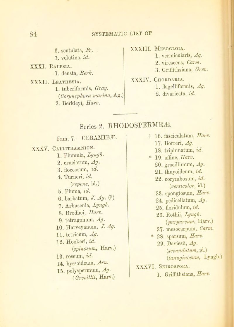 6. scutulata, Fr. 7. velutina, id. XXXI. Uaifsu. 1. deusta. Berk. XXXII. Leathesta. 1. tuberiformis, Gray. {Corynephora marina, Ag.) 2. Berldeyi, Harv. XXXIII. Mesogloia. 1. vennieularis, Ag. 2. virescens, Cam. 3. Griffitbsiana, Grev. XXXIV. Chordauia. 1. flageUiformis, Ag. 2. divaricata, id. Earn. 7- XXXV. Callithamnion. 1. Plumula, Lgngb. 2. cruciatum, Ag. 3. floecosum, id. 4. Tumeri, id. {repens, id.) 5. Pluma, id. 6. barbatum, J. Ag. (?) 7. Arbuscula, Lgngb. 8. Brodiaei, Harv. 9. tetragonum, Ag. 10. Harveyanum, J. Ag. 11. tetricum, Ag. 12. llookcri, id. {spinosum, Harv.) 13. roseum, id. 14. byssoideum, Am. 15. polyspermum, Ag. (GrevillU, Harv.) f 16. fasciculatum, Harv. 17. Borreri, Ag. 18. tri pinna turn, id. * 19. affine, Harv. 20. gracillimum, Ag. 21. tbuyoideum, id. 22. coiynibosuvn, id. {versicolor, id.) 23. spongiosum, Harv. 24. pedicellatum, Ag. 25. floridulum, id. 26. Botliii, Lgngb. (purpureum, Harv.) 27. mesocarpum, Carm. * 28. sparsuui, Harv. 29. Daviesii, Ag. {secundatum, id.) {lanuginostm, Lyngb.) XXXVI. Seirospora. 1. Griffithsiaua, Harv. Series 2. EHODOSPEKMEiE. CERAMIEiE.