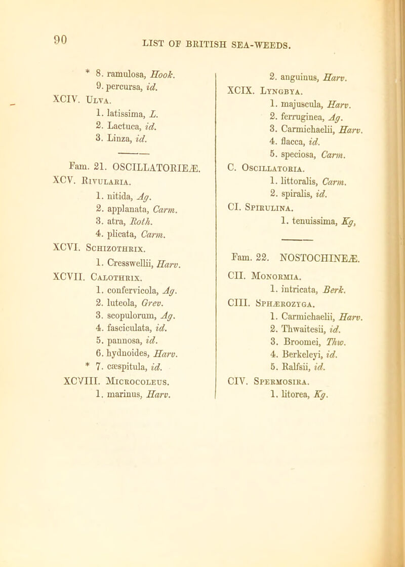 LIST OF BRITISH SEA-WEEDS. * 8. ramulosa, Hook. 9. percursa, id. XCIV. Ulva. 1. latissima, L. 2. Lactuca, id. 3. Linza, id. Fam. 21. OSCILLATORIE/E. XCV. Rivulaeia. 1. nitida, Ag. 2. applanata, Carm. 3. atra, Roth. 4. plicata, Carm. XCVI. Schizotheix. 1. Cresswellii, Harv. XCVII. Calotheix. 1. confervicola, Ag. 2. luteola, Grev. 3. scopulorum, Ag. 4. fasciculata, id. 5. pannosa, id. 6. bydnoides, Harv. * 7. csespitula, id. XCVIII. Miceocoleus. 1. marinus, Harv. 2. anguinus, Harv. XCIX. Lyngbya. 1. majuscula, Harv. 2. ferruginea, Ag. 3. Carmicliaelii, Harv. 4. flacca, id. 5. speciosa, Carm. C. Oscillatoeia. 1. littoralis, Carm. 2. spiralis, id. Cl. Spieulina. 1. tenuissima, Kg, Fam. 22. NOSTOCHIXE/E. CII. Monoemia. 1. intricata, Berk. CIII. Sphjeeozyga. 1. CarmichaeRi, Harv. 2. Thwaitesii, id. 3. Broomei, Thw. 4. Berkeleyi, id. 5. Ralfsii, id. CIV. Speemosiea. 1. litorea, Kg.