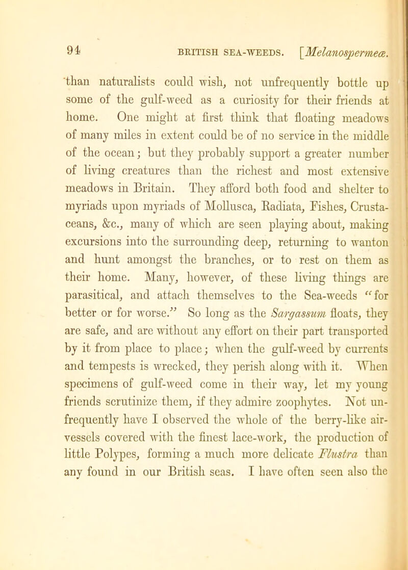 9i than naturalists coulcl wish, not unfrequently bottle up some of the gulf-weed as a curiosity for their friends at home. One might at first think that floating meadows of many miles in extent could be of no service in the middle of the ocean; but they' probably support a greater number of living creatures than the richest and most extensive meadows in Britain. They afford both food and shelter to myriads upon myriads of Mollusca, Radiata, Fishes, Crusta- ceans, &c., many of which are seen playing about, making excursions into the surrounding deep, returning to wanton and hunt amongst the branches, or to rest on them as their home. Many, however, of these living tilings are parasitical, and attach themselves to the Sea-weeds “for better or for worse.” So long as the Sargassum floats, they are safe, and are without any effort on their part transported by it from place to place; when the gulf-weed by currents and tempests is wrecked, they perish along with it. When specimens of gulf-weed come in their way, let my young friends scrutinize them, if they admire zoophytes. Not un- frequently have I observed the whole of the berry-like air- vessels covered with the finest lace-work, the production of little Polypes, forming a much more delicate Flustra than any found in our British seas. I have often seen also the
