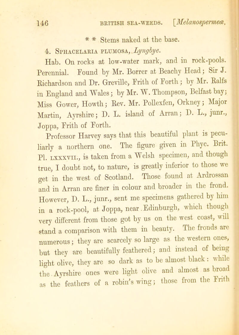 * * Stems naked at the base. 4. Sphacelaria plumosa, Lyngbye. Hab. On rocks at low-water mark, and in rock-pools. Perennial. Pound by Mr. Borrer at Beacby Head; Sir J. Richardson and Dr. Greville, Pritb of Forth ; by Mr. Ralfs in England and Wales; by Mr. W. Thompson, Belfast bay; Miss Gower, Howth; Bev. Mr. Pollexfen, Orkney; Major Martin, Ayrshire; D. L. island of Arran; D. L., junr., Joppa, Frith of Forth. Professor Harvey says that this beautiful plant is pecu- liarly a northern one. The figure given in Phyc. Brit. PI. lxxxvii., is taken from a Welsh specimen, and though true, I doubt not, to nature, is greatly inferior to those we get in the west of Scotland. Those found at Ardrossan and in Arran are finer in colour and broader in the fiond. However, D. L., junr., sent me specimens gathered by him in a rock-pool, at Joppa, near Edinburgh, which though very different from those got by us on the west coast, will stand a comparison with them in beauty. The frouds are numerous; they are scarcely so large as the western ones, but they are beautifully feathered; and instead of being light olive, they are so dark as to be almost black: while the Ayrshire ones were light olive and almost as broad as the feathers of a robin's wing; those from the Frith