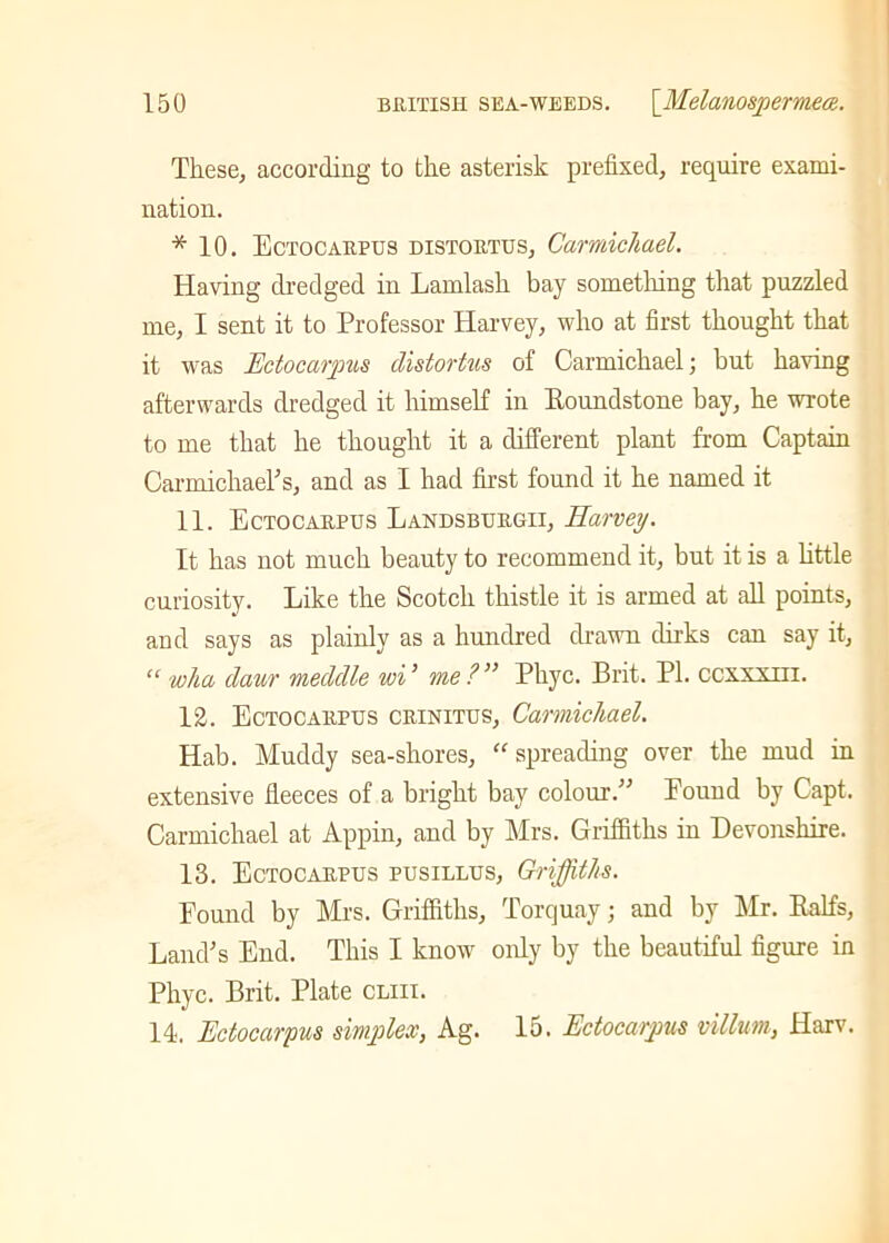 These; according to the asterisk prefixed, require exami- nation. * 10. Ectocarpus distortus, Carmichael. Having dredged in Lamlasli bay something that puzzled me, I sent it to Professor Harvey, who at first thought that it was Ectocarpus distortus of Carmichael; but having afterwards dredged it himself in Boundstone bay, he wrote to me that he thought it a different plant from Captain CarmichaePs, and as I had first found it he named it 11. Ectocarpus Landsburgii, Harvey. It has not much beauty to recommend it, but it is a little curiosity. Like the Scotch thistle it is armed at all points, and says as plainly as a hundred drawn dirks can say it, “ wha daw meddle wi’ me?” Phyc. Brit. PI. ccxxxm. 12. Ectocarpus crinitus, Carmichael. Hab. Muddy sea-shores, “spreading over the mud in extensive fleeces of a bright bay colour.” Found by Capt. Carmichael at Appin, and by Mrs. Griffiths in Devonshire. 13. Ectocarpus pusillus, Griffiths. Found by Mrs. Griffiths, Torquay; and by Mr. Balfs, Land's End. This I know only by the beautiful figure in Phyc. Brit. Plate cliii. 14. Ectocarpus simplex, Ag. 15. Ectocarpus villum, Harv.