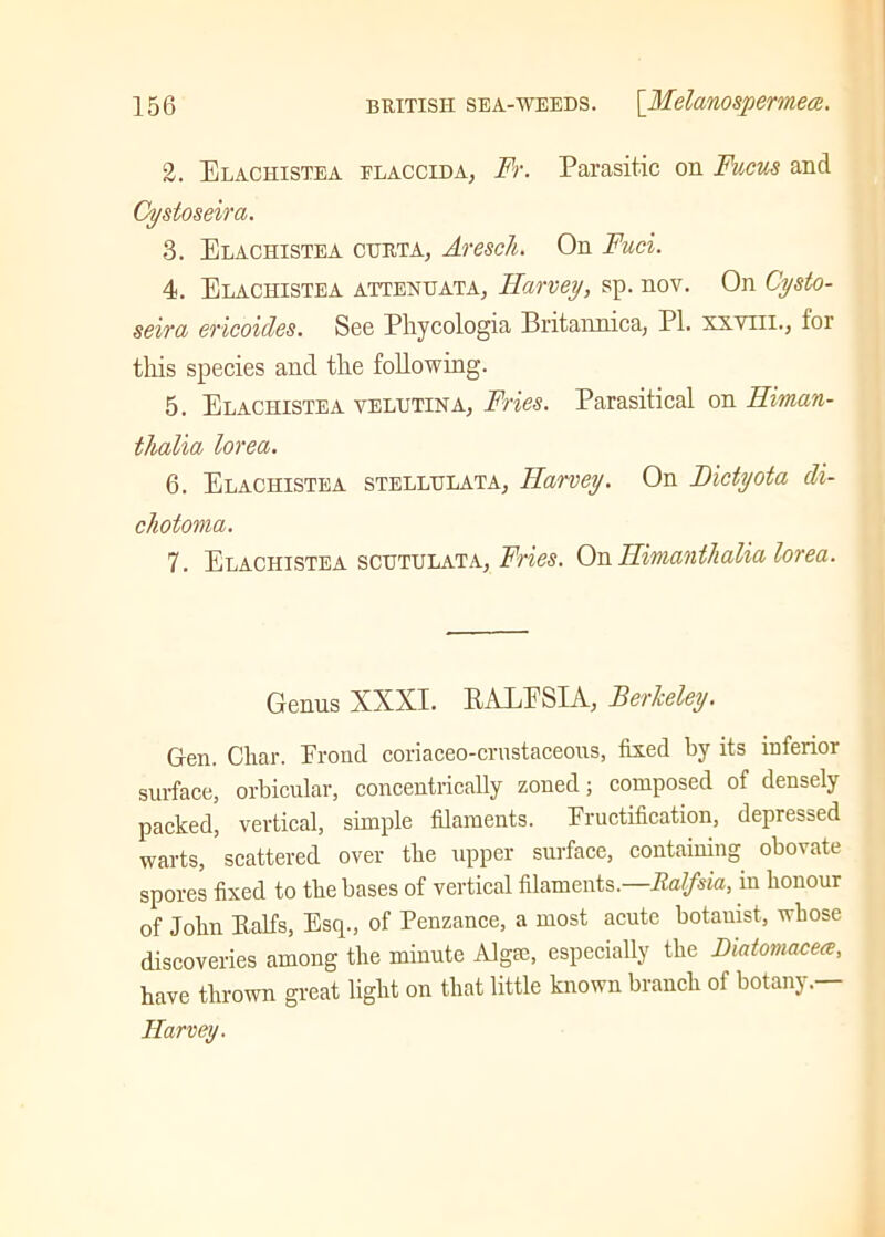 2. Elachistea flaccid a, Ft. Parasitic on Fucus and Cystoseira. 3. Elachistea curta, Aresch. On Fuel. 4. Elachistea attenuata, Harvey, sp. nov. On Cysto- seira ericoides. See Phycologia Britannica, Pl. xsyiii., tor this species and the following. 5. Elachistea velutina, Fries. Parasitical on Himan- tlialia lorea. 6. Elachistea stellhlata, Harvey. On lidyota di- chotoma. 7. Elachistea scutulata, Fries. On Himanthalia lorea. Genus XXXI. PALE SI A, Berkeley. Gen. Char. Frond coriaceo-crnstaceous, fixed by its inferior surface, orbicular, concentrically zoned; composed of densely packed, vertical, simple filaments. Fructification, depressed warts, scattered over the upper surface, containing obovate spores fixed to the bases of vertical filaments.—Ralfsia, in honour of John Balfs, Esq., of Penzance, a most acute botauist, whose discoveries among the minute Algfc, especially the Diatomacece, have thrown great light on that little known branch of botany.— Harvey.