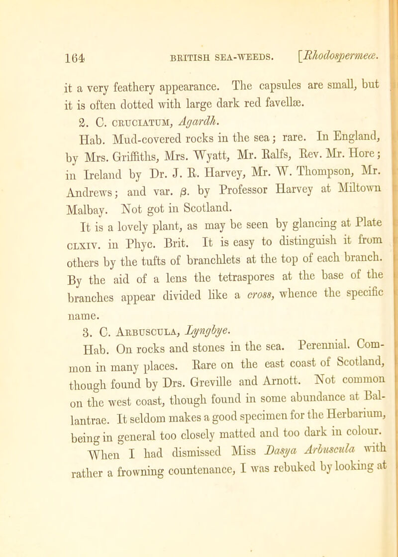 it a very feathery appearance. The capsules are small, but it is often dotted with large dark red favelite. 2. C. cruciatum, Affardh. Hab. Mud-covered rocks in the sea; rare. In England, by Mrs. Griffiths, Mrs. Wyatt, Mr. Ralfs, Rev. Mr. Hore; in Ireland by Dr. J. R. Harvey, Mr. W. Thompson, Mr. Andrews; and var. 0. by Professor Harvey at Miltown Malbay. Not got in Scotland. It is a lovely plant, as may be seen by glancing at Plate clxiv. in Phyc. Brit. It is easy to distinguish it from others by the tufts of branchlets at the top of each branch. By the aid of a lens the tetraspores at the base of the branches appear divided like a cross, whence the specific name. 3. C. Arbuscula, Lyngbye. Hab. On rocks and stones in the sea. Perennial. Com- mon in many places. Rare on the east coast of Scotland, though found by Drs. Greville and Arnott. Not common on the west coast, though found in some abundance at Bal- lantrae. It seldom makes a good specimen for the Herbarium, being in general too closely matted and too dark m colour. When I had dismissed Miss Dasya Arbuscula with rather a frowning countenance, I was rebuked by looking at