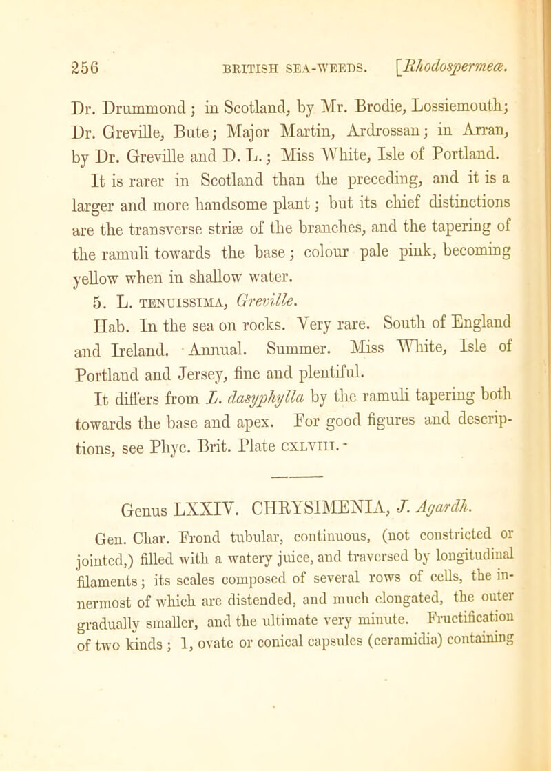 Dr. Drummond ; in Scotland, by Mr. Brodie, Lossiemouth; Dr. Greville, Bute; Major Martin, Ardrossan; in Arran, by Dr. Greville and D. L.; Miss White, Isle of Portland. It is rarer in Scotland than the preceding, and it is a larger and more handsome plant; but its chief distinctions are the transverse striae of the branches, and the tapering of the ramuli towards the base; colour pale pink, becoming yellow when in shallow water. 5. L. tenuissima, Greville. Hab. In the sea on rocks. Very rare. South of England and Ireland. Annual. Summer. Miss White, Isle of Portland and Jersey, fine and plentiful. It differs from L. dasyphylla by the ramuli tapering both towards the base and apex. Por good figures and descrip- tions, see Phyc. Brit. Plate cxlviii. * Genus LXXIV. CHRYSIMEXIA, J. Agardh. Gen. Char. Prond tubular, continuous, (not constricted or jointed,) filled with a watery juice, and traversed by longitudinal filaments; its scales composed of several rows of cells, the in- nermost of which are distended, and much elongated, the outer gradually smaller, and the ultimate very minute. Fructification of two kinds ; 1, ovate or conical capsules (ceramidia) containing
