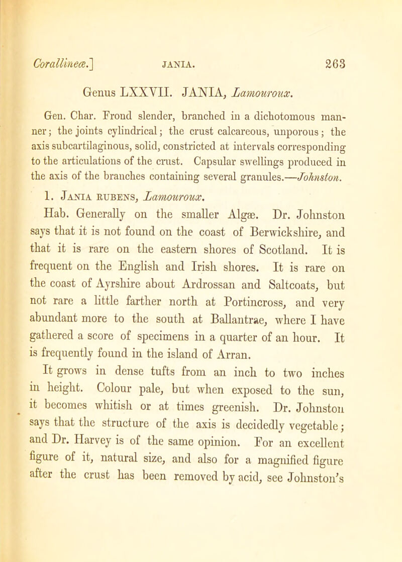 Genus LXXVII. JANIA, Lamouroux. Gen. Char. Frond slender, branched in a dichotomous man- ner ; the joints cylindrical; the crust calcareous, unporous; the axis subcartilaginous, solid, constricted at intervals corresponding to the articulations of the crust. Capsular swellings produced in the axis of the branches containing several granules.—Johnston. 1. Jania rubens, Lamouroux. Hab. Generally on the smaller Algae. Dr. Johnston says that it is not found on the coast of Berwickshire, and that it is rare on the eastern shores of Scotland. It is frequent on the English and Irish shores. It is rare on the coast of Ayrshire about Ardrossan and Saltcoats, but not rare a little farther north at Portincross, and very abundant more to the south at Ballantrae, where I have gathered a score of specimens in a quarter of an hour. It is frequently found in the island of Arran. It grows in dense tufts from an inch to two inches in height. Colour pale, but when exposed to the sun, it becomes whitish or at times greenish. Dr. Johnston says that the structure of the axis is decidedly vegetable; and Dr. Harvey is of the same opinion. Eor an excellent figure of it, natural size, and also for a magnified figure after the crust has been removed by acid, see Johnston’s