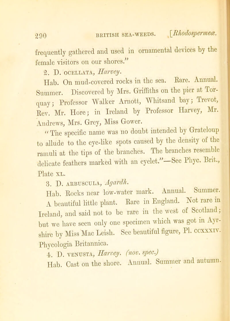 frequently gathered, and used in ornamental uevices by the female visitors on our shores.” 2. D. ocellata, Harvey. Hab. On mud-covered rocks in the sea. Rare. Annual. Summer. Discovered by Mrs. Griffiths on the pier at Tor- quay; Professor Walker Amott, Whitsand bay; Trevot, Rev. Mr. More; in Ireland by Professor Harvey, Mr. Andrews, Mrs. Grey, Miss Gower. “ The specific name was no doubt intended by Grateloup to allude to the eye-like spots caused by the density of the ramuli at the tips of the branches. The branches resemble delicate feathers marked with an eyelet.” See Pliyc. Brit., Plate xl. 3. D. arbuscula, Agar (Mi. Hab. Rocks near low-water mark. Annual. Summer. A beautiful little plant. Rare in England. Not rare in Ireland, and said not to be rare in the west of Scotland; but we have seen only one specimen which was got m Ayr- shire by Miss Mac Leisli. See beautiful figure, PI. ccxxxiv. Phycologia Britannica. I. D. venusta, Harvey, (nov.spec.) Hab. Cast on the shore. Annual. Summer and autumn.