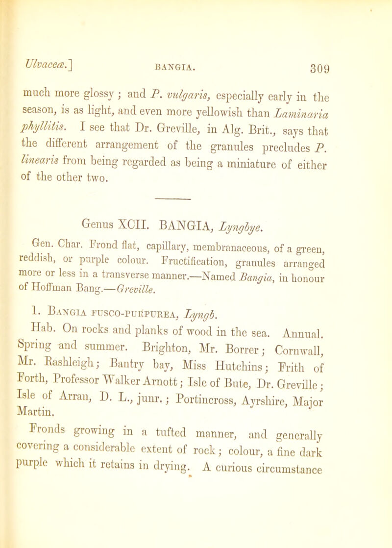 much more glossy ; and P. vulgaris, especially early in the season, is as light, and even more yellowish than Laminaria phyllitis. I see that Dr. Greville, in Alg. Brit., says that the different arrangement of the granules precludes P. linearis from being regarded as being a miniature of either of the other two. Genus XCII, BANGIA, Lyngbye. Gen. Char. Frond flat, capillary, membranaceous, of a green, reddish, or purple colour. Fructification, granules arranged more or less m a transverse manner.—Named Bangui, in honour of Hoffman Bang.—Greville. 1. Bangia fusco-purpurea, Lyngb. Hab. On rocks and planks of wood in the sea. Annual. Spring and summer. Brighton, Mr. Borrer; Cornwall, Mr. Bashleigh; Bantry bay. Miss Hutchins; Frith of lorth, Professor Walker Arnott; Isle of Bute, Dr. Greville; Isle of Arran, D. L., junr.; Portincross, Ayrshire, Major Martin. Fronds growing in a tufted manner, and generally covering a considerable extent of rock; colour, a fine dark purple which it retains in drying; A curious circumstance