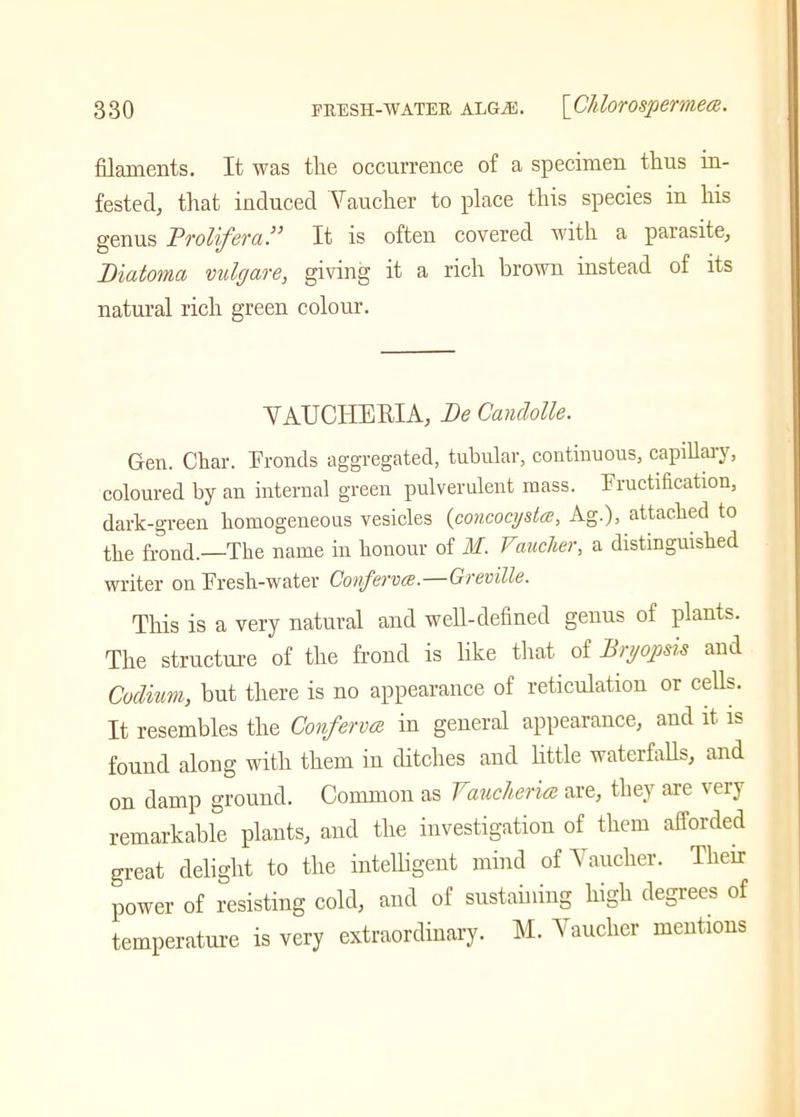 filaments. It was the occurrence of a specimen thus in- fested, that induced Vaucher to place this species in his genus Prolifer a” It is often covered with a parasite, Diatoma vulgare, giving it a rich brown instead of its natural rich green colour. VAUCHERIA, Be Candolle. Gen. Char. Fronds aggregated, tubular, continuous, capillary, coloured by an internal green pulverulent mass. Fructification, dark-green homogeneous vesicles (concocystce, Ag.), attached to the frond.—The name in honour of M. Yauclier, a distinguished writer on Fresh-water Conferva.—Greville. This is a very natural and well-defined genus of plants. The structure of the frond is like that of Bryopsis and Codium, hut there is no appearance of reticulation or cells. It resembles the Conferva, in general appearance, and it is found along with them in ditches and little waterfalls, and on damp ground. Common as Vaucheria are, they are very remarkable plants, and the investigation of them afforded great delight to the intelligent mind of Vaucher. Then power of resisting cold, and of sustaining high degrees of temperature is very extraordinary, hi. Vaucher mentions