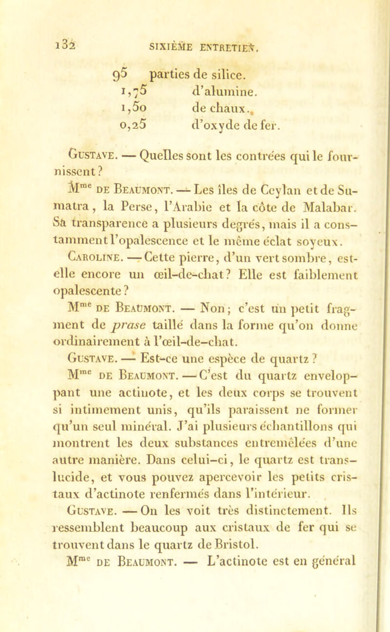 95 parties de silice. 1,75 d’alumine. i,5o de chaux., 0,25 d’oxyde de fer. Gustave. — Quelles sont les contrées qui le four- nissent ? Mrae de Beaumont. — Les îles de CcyTan et de Su- matra , la Perse, l’Arabie et la côte de Malabar. Sa transparence a plusieurs degrés, mais il a cons- tamment l’opalescence et le même éclat soyeux. Caroline. —Cette pierre, d’un vert sombre, est- elle encore un œil-de-chat? Elle est faiblement opalescente ? Mmc de Beaumont. — Non; c’est un petit frag- ment de prase taillé dans la forme qu’011 donne ordinairement à l’œil-de-chat. Gustave. — Est-ce une espèce de quartz ? Mmc de Beaumont.—C’est du quartz envelop- pant une actiuote, et les deux corps se trouvent si intimement unis, qu’ils paraissent ne former qu’un seul minéral. J’ai plusieurs échantillons qui montrent les deux substances entremêlées d’une autre manière. Dans celui-ci, le quartz est trans- lucide, et vous pouvez apercevoir les petits cris- taux d’actinote renfermés dans l’intérieur. Gustave. —On les voit très distinctement. Ils ressemblent beaucoup aux cristaux de fer qui se trouvent dans le quartz de Bristol. Mrae de Beaumont. — L’actinote est en général