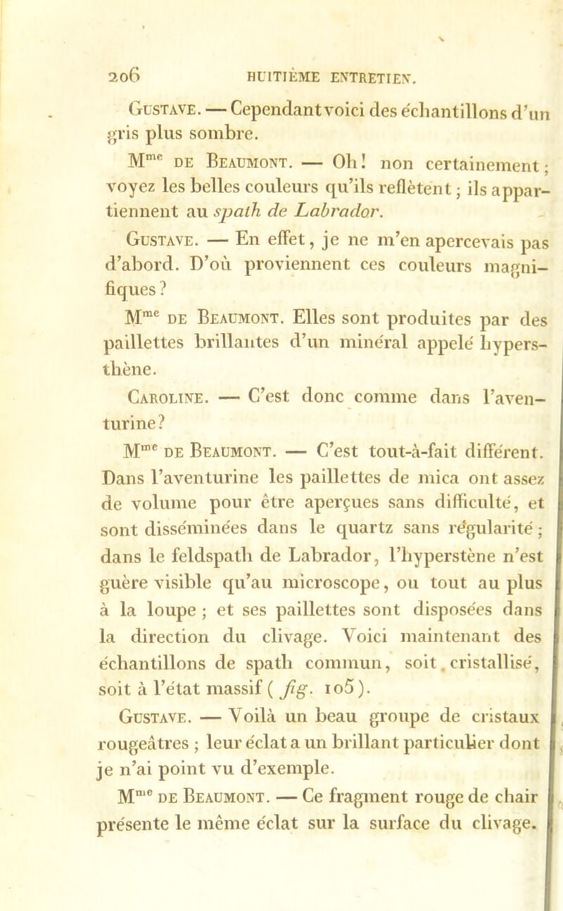 Gustave. — Cependant voici des échantillons d’un gris plus sombre. Mmc de Beaumont. — Oh ! non certainement ; voyez les belles couleurs qu’ils reflètent ; ils appar- tiennent au spath de Labrador. Gustave. — En effet, je ne m’en apercevais pas d’abord. D’où proviennent ces couleurs magni- fiques ? Mme de Beaumont. Elles sont produites par des paillettes brillantes d’un minéral appelé bypers- tbène. Caroline. — C’est donc comme dans l’aven- turine? M,ne de Beaumont. — C’est tout-à-fait différent. Dans l’aventurine les paillettes de mica ont assez de volume pour être aperçues sans difficulté, et sont disséminées dans le quartz sans régularité ; dans le feldspath de Labrador, l’hyperstène n’est guère visible qu’au microscope, ou tout au plus à la loupe ; et ses paillettes sont disposées dans la direction du clivage. Voici maintenant des échantillons de spath commun, soit. cristallisé, soit à l’état massif ( Jig. io5). Gustave. — Voilà un beau groupe de cristaux rougeâtres ; leur éclat a un brillant particulier dont je n’ai point vu d’exemple. Mn,e de Beaumont. — Ce fragment rouge de chair présente le même éclat sur la surface du clivage.
