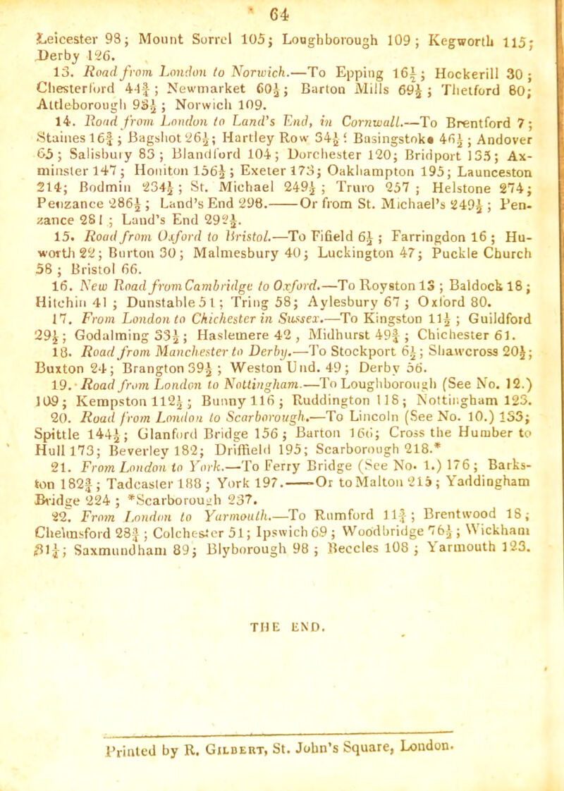 l.e‘ice.ster 98j Mount Sorrel 105; Loughborough 109; Kegworth 115* Derby 126. ' 13. Road from London lo Norwich.—To Eppiiig 161; Hockerill 30; Cliesterlbrd 41f ; Newmarket 60J; Barton Mills 69J ; Tlieiford 60; Attleborougli OSg ; Norwicli 109. 14. Road from London to Land’s End, in Cornwall.—To Brentford 7; Staines 16-|; Bagshot 26^; Hartley Row 34-* ! Basingstok* 46|; Andover 63; Salisbmy 83; Blandford 104; Dorchester 120; Bridport 13.5; Ax- minsler 147; Honiton 156^ ; Exeter 173; Oakliampton 195; Launceston 214; Bodmin 234^; St. Michael 249^; Truro 237; Helstone 274; Petizance 286J ; Land’s End 296. Or from St. Michael’s 249^ ; Pen- zance 281 ; Laud’s End 292^. 15. Road from Oxford to Bristol.—To Tifield ; Farringdon 16 ; Hu- wortJi 22; Burton 30 ; Malmesbury 40; Luckington 47; Puckle Church 38 ; Bristol 66. 16. New RoadfromCambridgc/oO.rford.—ToRoystonlS; BaldocklS; Hitchin 41 ; Dunstable5l; Triug 58; Aylesbury 67 ; Oxford 80. 17. From London to Chichester in Sussex.—To Kingston llg ; Guildford 29J; Godaiming 33g ; Haslemere 42 , Midhurst 49f ; Chichester 61. 18. Road from Manchester to Derby,—To Stockport 6i; Shau’cross 20^; Buxton 24; Brangton 39g ; Weston U ud. 49 ; Derby 56. 19. -Road from London to Nottingham.—To Loughborough (See No. 12.) 109; Kempston 112* ; Buonyll6; Ruddington 116 ; Nottingham 123. 20. Road from Lonilon to Scarborough,—To Lincoln (See No. 10.) 133; Spittle I44i; Glanford Bridge 156; Barton 166; Cross the Humberto Hull 173; Beverley 182; Driffield 195; Scarborough 218.* 21. From London to York.—To Ferry Bridge (See No. 1.) 176; Barks- ton 182J; Tadcasler 188 ; York 197. -Or toMaltoii215; Yaddingham Bi’idge 224 ; *Scarboroui>h 237. 22. From London to Yarmouth.—To Rumford 11^-; Brentwood 18; Chelmsford 28a ; Colchester 51; Ipswich 69 ; Woodbridge 7&i; Wickham iBl j; Saxmundhani 89; Blyborough 98 ; Beccles 108 ; \ ariiiouth 123. THE END. Printed by R. Gildeut, St. John’s Square, London.