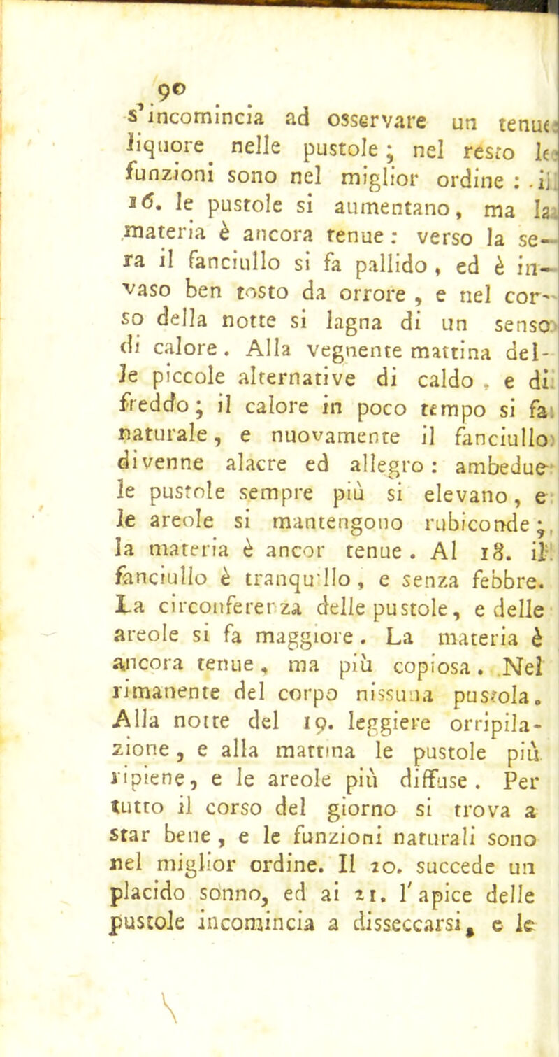 ^9^ s incomincia ad osservare un tenud liquore^ nelle pustole; nel resto funzioni sono nel miglior ordine t .ii! s<5. le pustole si aumentano, ma hi materia è ancora tenue ; verso la se- ra il fanciullo si fa pallido , ed è in- vaso ben tosto da orrore , e nel cor so della notte si lagna di un sensc» di calore. Alla vegnente mattina del- le piccole alternative di caldo , e di.’' freddo; il calore in poco tempo si fa. naturale, e nuovamente il fanciullo) divenne alacre ed allegro; ambedue- le pustole sempre più si elevano, e: le areole si mantengono rubiconde;, la materia è ancor tenue .Al i8. il-^ fanciullo è tranqu'IIo , e senza febbre. La circonfererza delle pustole, e delle- areole si fa maggiore. La materia è ancora tenue, ma più copiosa. ..Nei rimanente del corpo nissuna pustola. Alla notte del 19. leggiere orripila- zione 5 e alla mattina le pustole piti, ripiene, e le areole più diffuse. Per tutto il corso del giorno si trova a star bene , e le funzioni naturali sono nel miglior ordine. Il ro. succede un placido sonno, ed ai zi, l'apice delle pustole incomincia a disseccarsi, c le