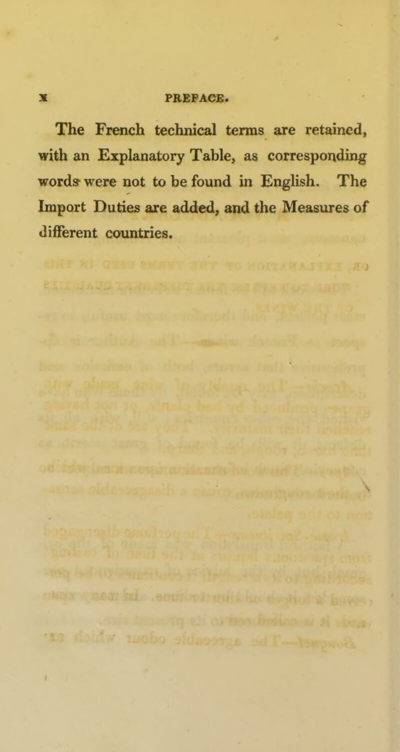 The French teclmical terms are retained, with an Ëxplanatory Table, as corresponding wordsr were not to be found in English. The Import Duties are added, and the Measures of different coimtries.