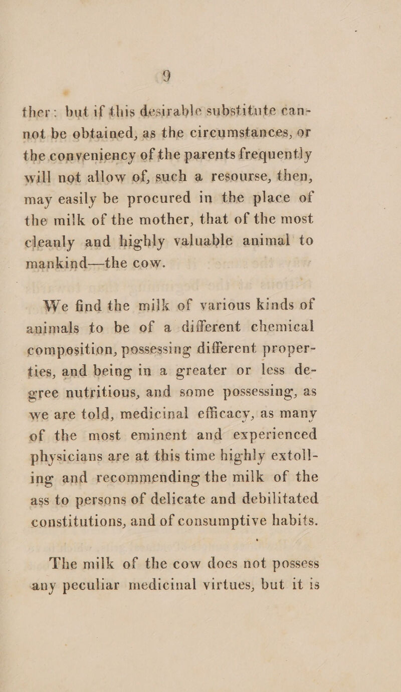 ther: but if this desirable substitute can- not be ebtained, as the circumstances, or the conveniency of the parents frequently will not allow of, such a resourse, then, may easily be procured in the place of the milk of the mother, that of the most cleanly and highly valuable animal to mankind—the cow. We find the milk of various kinds of animals to be of a different chemical composition, possessing different proper- ties, and being in a greater or less de- gree nutritious, and some possessing, as we are told, medicinal efficacy, as many of the most eminent and experienced physicians are at this time highly extoll- ing and recommending the milk of the ass to persons of delicate and debilitated constitutions, and of consumptive habits. The milk of the cow does not possess any peculiar medicinal virtues, but it 1s