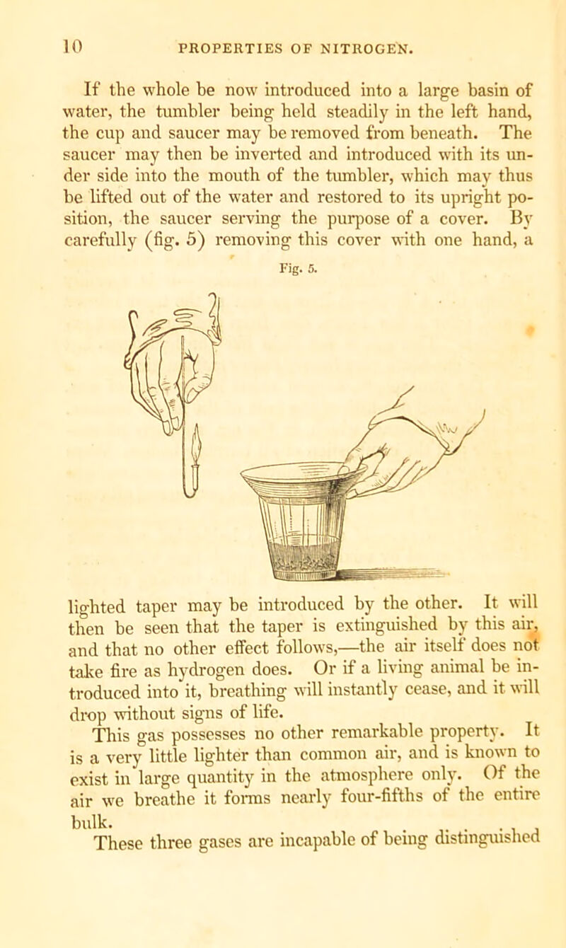 If the whole he now introduced into a large basin of water, the tumbler being held steadily in the left hand, the cup and saucer may be removed from beneath. The saucer may then be inverted and introduced with its un- der side into the mouth of the tumbler, which may thus be lifted out of the water and restored to its upright po- sition, the saucer serving the purpose of a cover. By carefully (fig. 5) removing this cover with one hand, a Fig. 5. lighted taper may be introduced by the other. It will then be seen that the taper is extinguished by this air, and that no other effect follows,—the air itself does not take fire as hydrogen does. Or if a living animal be in- troduced into it, breathing will instantly cease, and it will drop without signs of life. This gas possesses no other remarkable property. It is a very little lighter than common air, and is known to exist in large quantity in the atmosphere only. Of the air we breathe it fonus nearly four-fifths of the entire bidk. These three gases are incapable of being distinguished