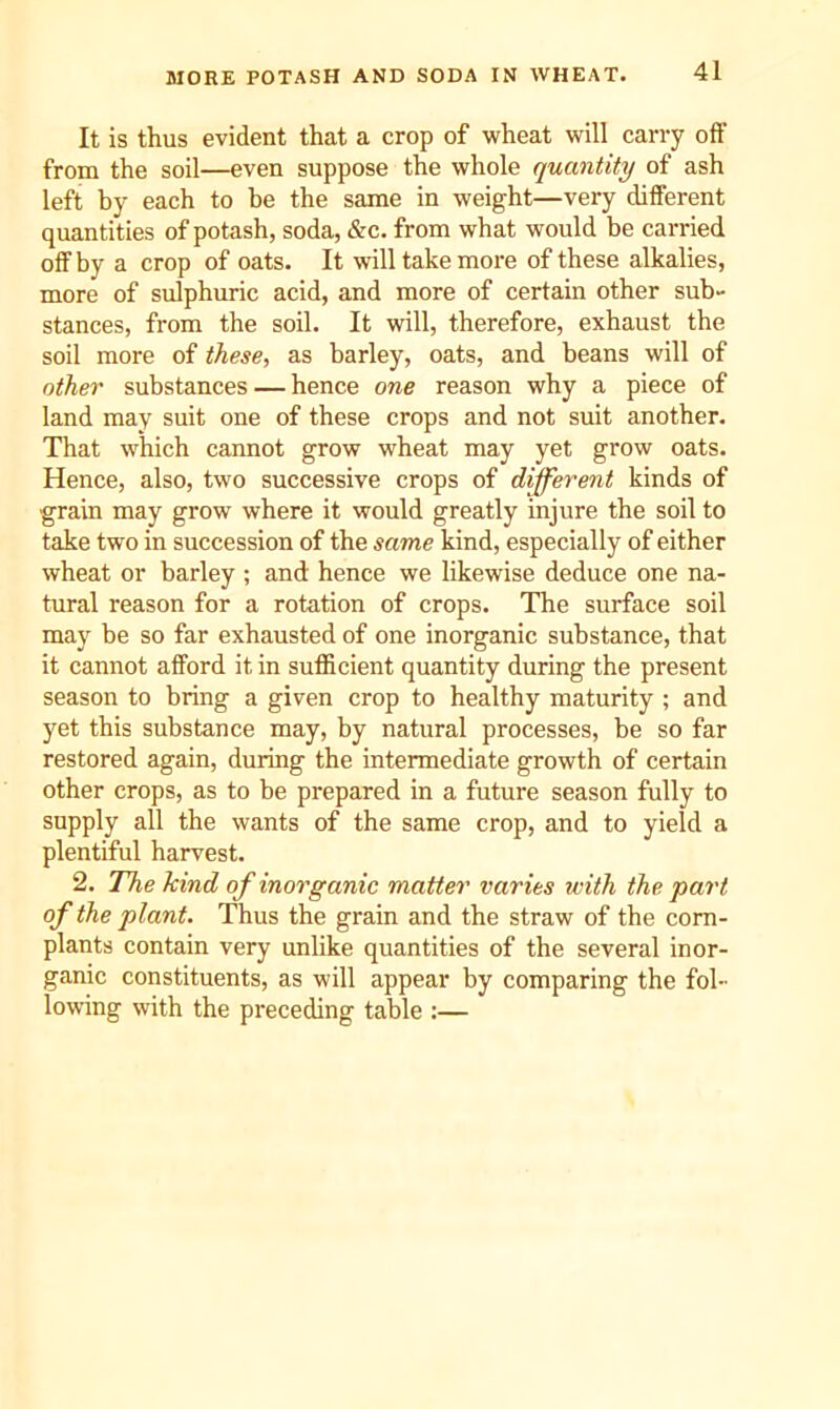MORE POTASH AND SODA IN WHEAT. It is thus evident that a crop of wheat will carry off from the soil—even suppose the whole quantity of ash left by each to be the same in weight—very dilferent quantities of potash, soda, &c. from what would be carried off by a crop of oats. It will take more of these alkalies, more of sulphuric acid, and more of certain other sub- stances, from the soil. It will, therefore, exhaust the soil more of these, as barley, oats, and beans will of other substances — hence one reason why a piece of land may suit one of these crops and not suit another. That which cannot grow wheat may yet grow oats. Hence, also, two successive crops of different kinds of grain may grow where it would greatly injure the soil to take two in succession of the same kind, especially of either wheat or barley ; and hence we likewise deduce one na- tural reason for a rotation of crops. The surface soil may be so far exhausted of one inorganic substance, that it cannot afford it in sufficient quantity during the present season to bring a given crop to healthy maturity ; and yet this substance may, by natural processes, be so far restored again, during the intermediate growth of certain other crops, as to be prepared in a future season fully to supply all the wants of the same crop, and to yield a plentiful harvest. 2. The kind of inorganic matter varies with the part of the plant. Thus the grain and the straw of the com- plants contain very unlike quantities of the several inor- ganic constituents, as will appear by comparing the fol- lowing with the preceding table ;—