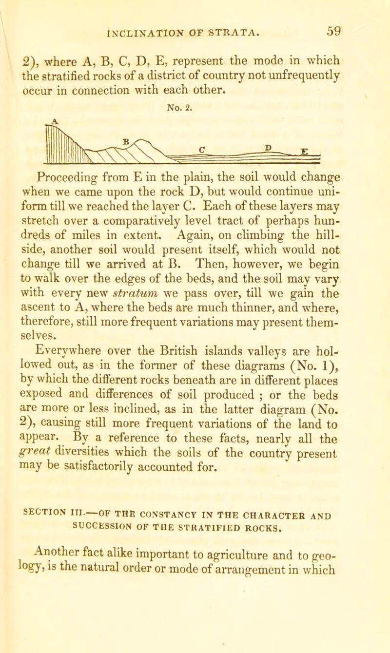 2), where A, B, C, D, E, represent the mode in which the stratified rocks of a district of country not unfrequently occur in connection with each other. No. 2. Proceeding from E in the plain, the soil would change when we came upon the rock D, but would continue uni- form till we reached the layer C. Each of these layers may stretch over a comparatively level tract of perhaps hun- dreds of miles in extent. Again, on climbing the hill- side, another soil would present itself, which would not change till we arrived at B. Then, however, we begin to walk over the edges of the beds, and the soil may vary with every new stratum we pass over, till we gain the ascent to A, where the beds are much thinner, and where, therefore, still more frequent variations may present them- selves. Everywhere over the British islands valleys are hol- lowed out, as in the former of these diagrams (No. 1), by which the different rocks beneath are in different places exposed and differences of soil produced ; or the beds are more or less inclined, as in the latter diagram (No. 2), causing still more frequent variations of the land to appear. By a reference to these facts, nearly all the great diversities which the soils of the country present may be satisfactorily accounted for. SECTION in.—OF THE CONSTANCY IN THE CHARACTER AND SUCCESSION OF THE STRATIFIED ROCKS. Another fact alike important to agriculture and to geo- 1 is the natural order or mode of arrangement in which