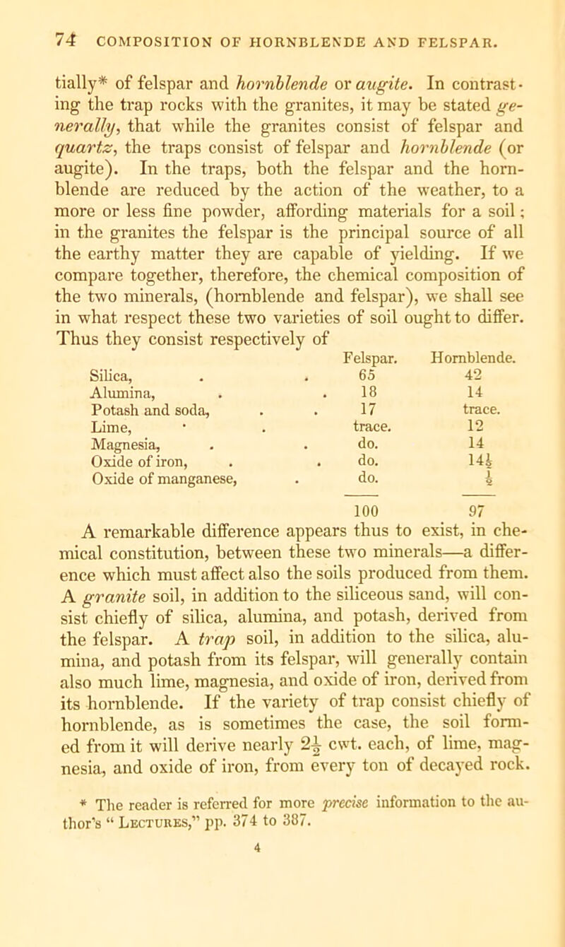 tially* of felspar and hornblende or augite. In contrast- ing the trap rocks with the granites, it may be stated ge- nerally, that while the granites consist of felspar and quartz, the traps consist of felspar and hornblende (or augite). In the traps, both the felspar and the horn- blende are reduced by the action of the weather, to a more or less fine powder, affording materials for a soil; in the granites the felspar is the principal source of all the earthy matter they are capable of yielding. If we compare together, therefore, the chemical composition of the two minerals, (hornblende and felspar), we shall see in what respect these two varieties of soil ought to differ. Thus they consist respectively of Felspar. Hornblende. Silica, 65 42 Alumina, 18 14 Potash and soda, 17 trace. Lime, trace. 12 Magnesia, . do. 14 Oxide of iron. Oxide of manganese. . do. 144 . do. 4 100 97 A remarkable difference appears thus to exist, in che- mical constitution, between these two minerals—a differ- ence which must affect also the soils produced from them. A granite soil, in addition to the siliceous sand, will con- sist chiefly of silica, alumina, and potash, derived from the felspar. A trap soil, in addition to the silica, alu- mina, and potash from its felspar, will generally contain also much lime, magnesia, and oxide of iron, derived from its hornblende. If the variety of trap consist chiefly of hornblende, as is sometimes the case, the soil form- ed from it will derive nearly 2^ cwt. each, of lime, mag- nesia, and oxide of iron, from every ton of deca}-ed rock. * Tlie reader is referred for more 'precise information to the au- thor’s “ Lectures,” pp. 374 to 387. 4