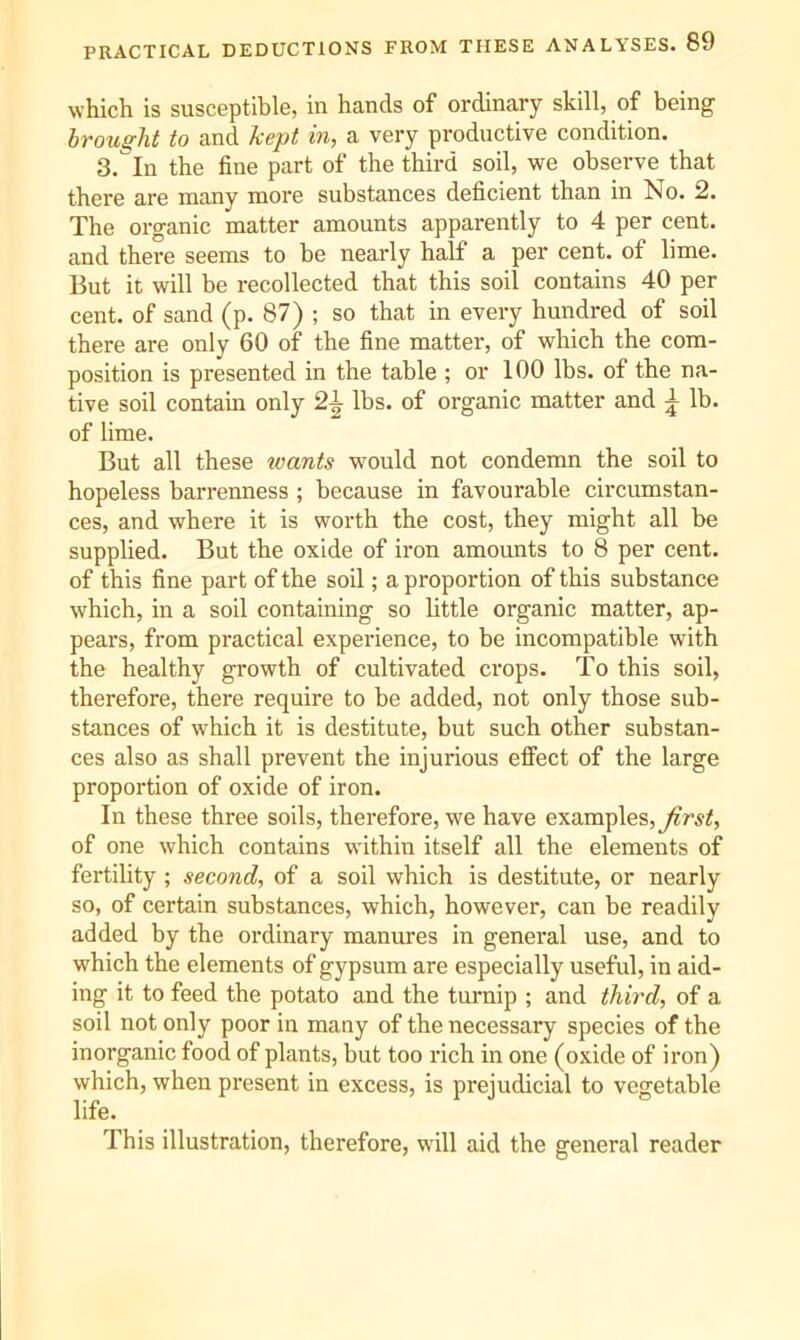 which is susceptible, in hands of ordinary skill, of being brought to and kept in, a very productive condition. 3.ln the fine part of the third soil, we observe that there are many more substances deficient than in No. 2. The organic matter amounts apparently to 4 per cent, and there seems to be nearly half a per cent, of lime. But it will be recollected that this soil contains 40 per cent, of sand (p. 87) ; so that in every hundred of soil there are only 60 of the fine matter, of which the com- position is presented in the table ; or 100 lbs. of the na- tive soil contain only 2^ lbs. of organic matter and lb. of lime. But all these wants would not condemn the soil to hopeless barreimess ; because in favourable circumstan- ces, and where it is worth the cost, they might all be supplied. But the oxide of iron amounts to 8 per cent, of this fine part of the soil; a proportion of this substance which, in a soil containing so little organic matter, ap- pears, from practical experience, to be incompatible with the healthy growth of cultivated crops. To this soil, therefore, there require to be added, not only those sub- stances of which it is destitute, but such other substan- ces also as shall prevent the injurious effect of the large proportion of oxide of iron. In these three soils, therefore, we have examples, of one which contains within itself all the elements of fertility ; second, of a soil which is destitute, or nearly so, of certain substances, which, however, can he readily added by the ordinary manures in general use, and to which the elements of gypsum are especially useful, in aid- ing it to feed the potato and the turnip ; and third, of a soil not only poor in many of the necessary species of the inorganic food of plants, but too rich in one (oxide of iron) which, when present in excess, is prejudicial to vegetable life. This illustration, therefore, wall aid the general reader