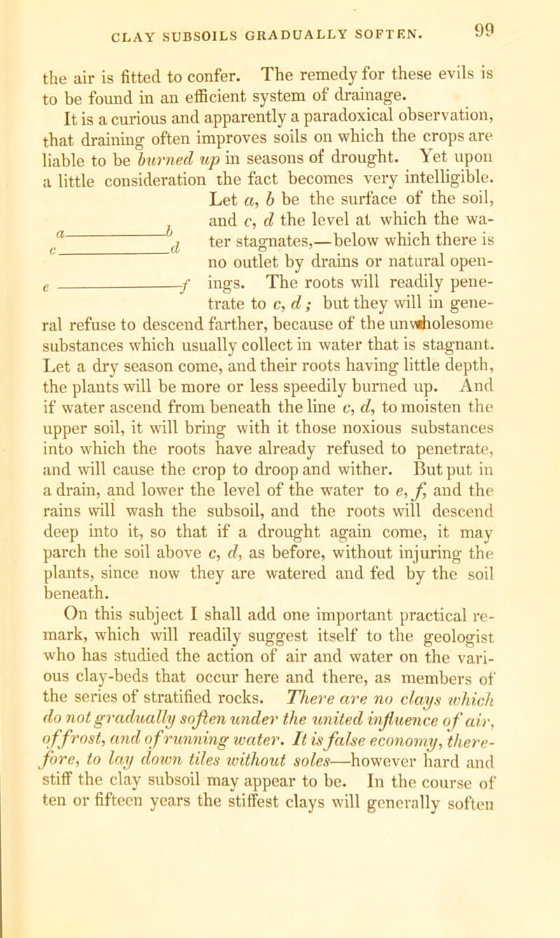 CLAY SUBSOILS GRADUALLY SOFTEN. the air is fitted to confer. The remedy for these evils is to be found in an efficient system of drainage. It is a curious and apparently a paradoxical observation, that draining often improves soils on which the crops are liable to be burned up in seasons of drought. Yet upon a little consideration the fact becomes very intelligible. Let a, b be the surface of the soil, ^ and c, d the level at which the wa- ^ ter stagnates,—below which there is no outlet by drains or natural open- g f ings. The roots will readily pene- trate to c, d; but they will in gene- ral refuse to descend farther, because of the unvriiolesome substances which usually collect in water that is stagnant. Let a dry season come, and their roots having little depth, the plants will be more or less speedily burned up. And if water ascend from beneath the line c, d, to moisten the upper soil, it will bring with it those noxious substances into which the roots have already refused to penetrate, and will cause the crop to di’oop and wither. But put in a di’ain, and lower the level of the water to e, f, and the rains will wash the subsoil, and the roots will descend deep into it, so that if a drought again come, it may parch the soil above c, d, as before, without injuring the plants, since now they are watered and fed by the soil beneath. On this subject I shall add one important practical re- mark, which will readily suggest itself to the geologist who has studied the action of air and water on the vari- ous clay-beds that occur here and there, as members of the series of stratified rocks. There are no clays which do not gradually sofien under the united injluence of air, of frost, and of running water. It is false economy, there- fore, to lay down tiles ivithout soles—however hard and stiff the clay subsoil may appear to be. In the course of ten or fifteen years the stiffest clays will generally soften