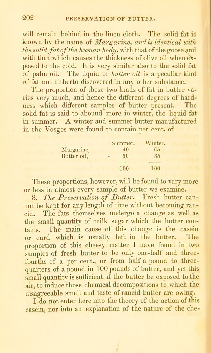 will remain behind in the linen cloth. The solid fat is known by the name of Margarine, and is identical with the solid fat of the human body, with that of the goose ^ind with that which causes the thickness of olive oil when posed to the cold. It is very similar also to the solid fat of palm oil. The liquid or butter oil is a peculiar kind of fat not hitherto discovered in any other substance. The proportion of these two kinds of fat in butter va- ries very much, and hence the different degrees of hard- ness which different samples of butter present. The solid fat is said to abound more in winter, the liquid fat in summer. A winter and summer butter manufactured in the Vosges were foimd to contain per cent, of Summer. Winter. Margarine, - 40 65 Butter oil, - 60 35 100 100 These proportions, however, will be found to vary more or less in almost every sample of butter we examine. 3. The Preservation of Butter.—Fresh butter can- not be kept for any length of time without becoming ran- cid. The fats themselves undergo a change as well as the small quantity of milk sugar which the butter con- tains. The main cause of this change is the casein or curd which is usually left in the butter. The proportion of this cheesy matter I have found in two samples of fresh butter to be only one-half and three- fourths of a per cent., or from half a pound to three- quarters of a pound in 100 pounds of butter, and yet this small quantity is sufficient, if the butter be exposed to the air, to induce those chemical decompositions to which the disagreeable smell and taste of rancid butter are owing. I do not enter here into the theory of the action of this casein, nor into an explanation of the nature of the che-