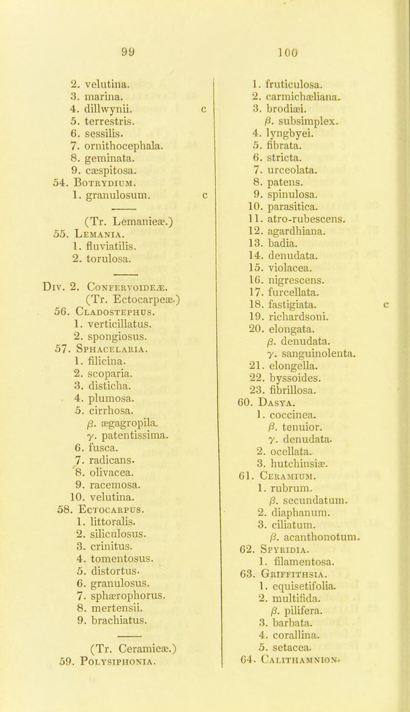 2. velutina. 3. marina. 4. dillwynii. c 5. terrestris. 6. sessilis. 7. ornithocephala. 8. geminata. 9. cajspitosa. 54. Botrydium. 1. granulosum. c (Tr. Lemaniea?.) 55. Lemania. 1. fluviatilis. 2. torulosa. DlV. 2. CoNFERVOIDEJE. (Tr. Ectocarpeas.) 56. Cladostephus. 1. verticillatus. 2. spongiosus. 57. Sphacelaria. 1. filicina. 2. scoparia. 3. disticha. 4. plumosa. 5. cirrhosa. ft. tegagropila. y. patentissima. 6. fusca. 7. radicans- 8. olivacea. 9. racemosa. 10. velutina. 58. EeTOCARPUs. 1. littoralis. 2. siliculosus. 3. crinitus. 4. tomentosus. 5. distortus. 6. granulosus. 7. sphserophorus. 8. mertensii. 9. brachiatus. (Tr. Ceramiea:.) 59. POLYSIPHONIA. 1. fruticulosa. 2. carmicha;liana. 3. brodiasi. ft. subsimplex. 4. lyngbyei. 5. fibrata. 6. stricta. 7. urceolata. 8. patens. 9. spinulosa. 10. parasitica. 11. atro-rubescens. 12. agardhiana. 13. badia. 14. denudata. 15. violacea. 16. nigrescens. 17. furcellata. 18. fastigiata. c 19. richardsoni. 20. elongata. ft. denudata. y. sanguinolenta. 21. elongella. 22. byssoides. 23. fibrillosa. 60. Dasya. 1. coccinea. ft. tenuior. y. denudata. 2. ocellata. 3. butcbinsi*. 61. Ceramium. 1. rubrum. ft. secundatum. 2. diaphanum. 3. ciliatum. ft. acanthonotum. 62. Spyridia. 1. filamentosa. 63. Griffithsia. 1. equisetifolia. 2. multifida. ft. pilifera. 3. barbata. 4. corallina. 5. setacea. 64. Cautiiamnion^