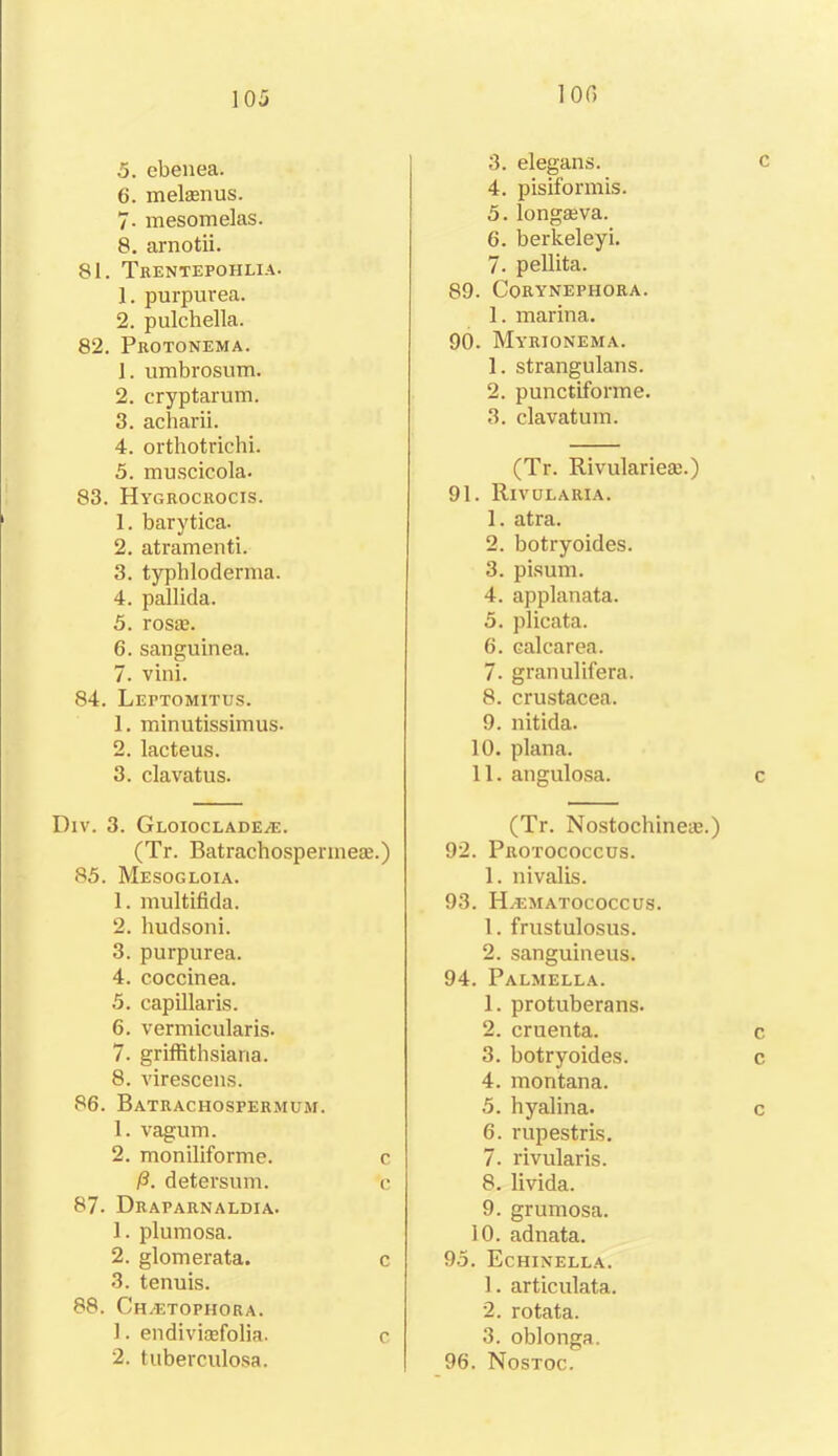 100 5. ebenea. 6. melamus. 7- mesomelas. 8. arnotii. 81. Trentepohlia. 1. purpurea. 2. pulchella. 82. Protonema. 1. umbrosum. 2. cryptarum. 3. acharii. 4. orthotrichi. 5. muscicola. 83. Hygrocrocts. 1. barytica. 2. atramenti. 3. typhloderma. 4. pallida. 5. rosas. 6. sanguinea. 7. vini. 84. Leptomitus. 1. minutissimus- 2. lacteus. 3. clavatus. Div. 3. GloiocladeyE. (Tr. Batrachospennese.) 85. Mesogloia. 1. multifida. 2. hudsoni. 3. purpurea. 4. coccinea. 5. capillar is. 6. vermicularis. 7. griffithsiana. 8. virescens. 86. Batrachosfermum. 1. vagum. 2. moniliforme. c fi. detersum. c 87. Draparnaldia. 1. plumosa. 2. glomerata. c 3. tenuis. 88. Ch.etophora. 1. endivkefolia. c 2. tuberculosa. 3. elegans. c 4. pisiformis. 5. longseva. 6. berkeleyi. 7. pellita. 89. CORYNEPPIORA. 1. marina. 90. Myrionema. 1. strangulans. 2. punctifonne. 3. clavatum. (Tr. Rivularieai.) 91. Rivularia. 1. atra. 2. botryoides. 3. pisum. 4. applanata. 5. plicata. 6. calcarea. 7. granulifera. 8. Crustacea. 9. nitida. 10. plana. 11. angulosa. c (Tr. Nostochineie.) 92. Protococcus. 1. nivalis. 93. HyEMatococcus. 1. frustulosus. 2. sanguineus. 94. Palmella. 1. protuberans. 2. cruenta. c 3. botryoides. c 4. montana. 5. hyalina. c 6. rupestris. 7. rivularis. 8. livida. 9. grumosa. 10. adnata. 95. Echinella. 1. articulata. 2. rotata. 3. oblonga. 96. Nosxoc.