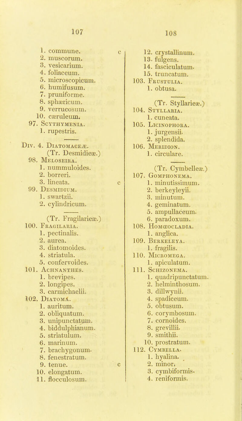 1. commune. c 2. muscorum. 3. vesicarium. 4. foliaceum. 5. microscopicum. 6. humifusum. 7. pruniforme. 8. sphasricum. 9. verrucosum. 10. cseruleum. 97. ScYTHYMENIA. 1. rupestris. Div. 4. Diatomage^e. (Tr. Desmidieae.) 98. Meloseira. 1. nummuloides. 2. borreri. 3. lineata. c 99. Desmidium. 1. swartzii. 2. cylindricum. (Tr. Fragilarieae.) 100. Fragilaria. 1. pectinalis. 2. aurea. 3. diatomoides. 4. striatula. 5. confervoides. 101. Achnanthes. 1. brevipes. 2. longipes. 3. carmichaelii. 102. DiatomA. 1. auritum. 2. obliquatum. 3. unipunctatum. 4. biddulphianum. 5. striatulum. 6. marinum. 7. brachygonum. 8. fenestratum. 9. tenue. c 10. elongatum. 11. flocculosum. 12. crystallinum. 13. fulgens. 14. fasciculatum. 15. truncatum. 103. Frustulia. 1. obtusa. (Tr. StyllarieiE.) 104. Styllaria. 1. cuneata. 105. Licinophora. 1. jurgensii. 2. splendida. 106. Meridion. 1. circulare. (Tr. Cymbelleae.) 107. Gomphonema. 1. minutissimum. 2. berkeyleyii. 3. minutum. 4. geminatum. 5. ampullaceum. 6. paradoxum. 108. Homosocladia. 1. anglica. 109. Berkeleya. 1. fragilis. 110. Micromega. 1. apiculatum. 111. ScHIZONEMA. 1. quadripunctatum. 2. helminthosum. 3. dillvvynii. 4. spadiceum. 5. obtusum. 6. corymbosum. 7. cornoides. 8. grevillii. 9. smithii. 10. prostratum. 112. Cymbella- 1. hyalina. 2. minor* 3. cymbiformis. 4. reniformis. i