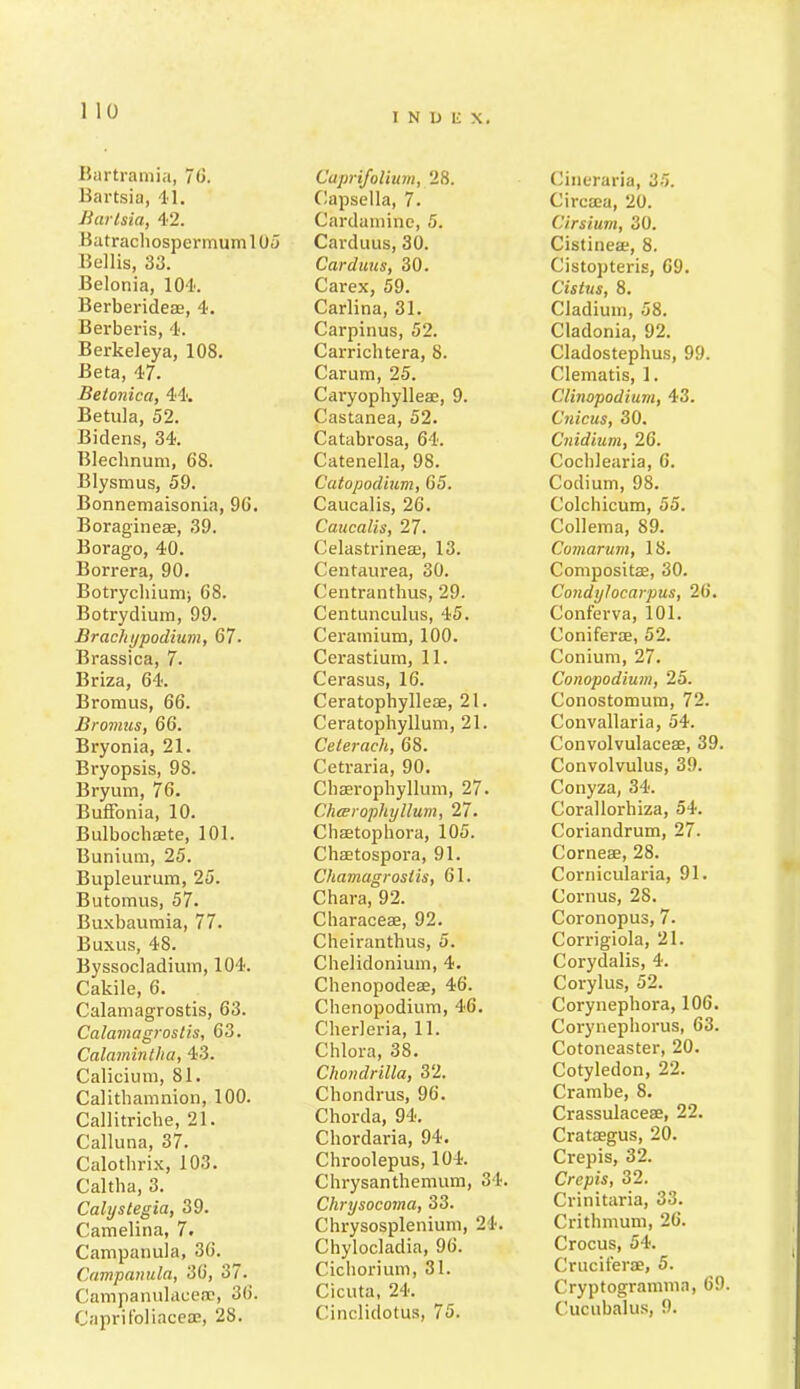 INDEX. 1 10 Bartramia, 70. Bartsia, 41. Barlsia, 42. Batrachospermum 105 Beilis, 33. Belonia, 104. Berberideae, 4. Berberis, 4. Berkeleya, 108. Beta, 47. Betonica, 44. Betula, 52. Bidens, 34. Blechnum, 68. Blysmus, 59. Bonnemaisonia, 96. Boragineae, 39. Borago, 40. Borrera, 90. Botrychium-, 68. Botrydium, 99. Br achy podium, 67. Brassica, 7. Briza, 64. Brornus, 66. Bromus, 66. Bryonia, 21. Bi'yopsis, 9S. Bryum, 76. BulFonia, 10. Bulboehaete, 101. Bunium, 25. Bupleurum, 25. Butomus, 57. Buxbaumia, 77. Buxus, 48. Byssocladium, 104. Cakile, 6. Calamagrostis, 63. Calamagrostis, 63. Calamintha, 43. Calicium, 81. Calithamnion, 100. Callitriche, 21. Calluna, 37. Calothrix, 103. Caltha, 3. Calystegia, 39. Camelina, 7. Campanula, 36. Campanula, 36, 37. Campanulaeeae, 36. Capri foliaceae, 28. Caprifolium, 28. Capsella, 7. Cardamine, 5. Carduus, 30. Carduus, 30. Carex, 59. Carlina, 31. Carpinus, 52. Carrichtera, 8. Carum, 25. Caryopbylleae, 9. Castanea, 52. Catabrosa, 64. Catenella, 98. Catopodium, 65. Caucalis, 26. Caucalis, 27. Celastrineae, 13. Centaurea, 30. Centranthus, 29. Centunculus, 45. Ceramium, 100. Cerastium, 11. Cerasus, 16. Ceratophylleae, 21. Ceratophyllum, 21. Ceterach, 68. Cetraria, 90. Chaerophyllum, 27. Chwrophiyllum, 27. Chaetophora, 105. Chaetospora, 91. Cliamagroslis, 61. Chara, 92. Characeae, 92. Cheiranthus, 5. Chelidonium, 4. Chenopodeae, 46. Cbenopodium, 46. Cherleria, 11. Chlora, 38. Chondrilla, 32. Cbondrus, 96. Chorda, 94. Chordaria, 94. Chroolepus, 104. Chrysanthemum, 34. Chrysocoma, 33. Chrysosplenium, 24. Chylocladia, 96. Cichorium, 31. Cicuta, 24. Cinclidotus, 75. Cineraria, 35. Circaea, 20. Cirsium, 30. Cistineae, 8. Cistopteris, 69. Cistus, 8. Cladium, 58. Cladonia, 92. Cladostephus, 99. Clematis, 1. Clinopodium, 43. Cnicus, 30. Cnidium, 26. Cochlearia, 6. Codium, 98. Colchicum, 55. Collema, 89. Comarum, 18. Compositae, 30. Condiylocarpus, 26. Conferva, 101. Coniferae, 52. Conium, 27. Conopodium, 25. Conostomum, 72. Convallaria, 54. Convolvulaceae, 39. Convolvulus, 39. Conyza, 34. Corallorhiza, 54. Coriandrum, 27. Corneae, 28. Cornicularia, 91. Cornus, 28. Coronopus, 7. Corrigiola, 21. Corydalis, 4. Corylus, 52. Corynephora, 106. Corynephorus, 63. Cotoneaster, 20. Cotyledon, 22. Crambe, 8. Crassulaceae, 22. Crataegus, 20. Crepis, 32. Crepis, 32. Crinitaria, 33. Crithmum, 26. Crocus, 54. Cruciferae, 5. Cryptogramma, 69. Cucubalus, 9.