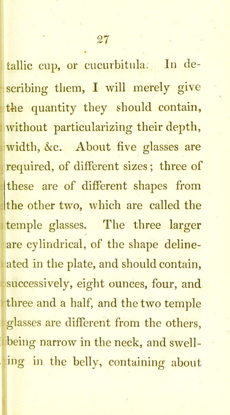 tallic cup, or cucurbitula. In cle- ’ scribing them, I will merely give E tbe quantity they should contain, J without particularizing their depth, ) width, &c. About five glasses are ] required, of different sizes; three of ‘ these are of different shapes from c the other two, which are called the {itemple glasses. The three larger ■are cylindrical, of the shape deline- ) ated in the plate, and should contain, ‘isuccessively, eight ounces, four, and r three and a half, and the two temple < glasses are different from the others, i being narrow in the neck, and swell- .':ing in the belly, containing about