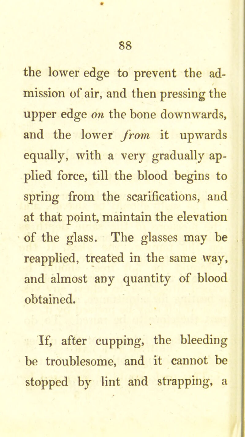 the lower edge to prevent the ad- mission of air, and then pressing the upper edge on the bone downwards, and the lower from it upwards equally, with a very gradually ap- plied force, till the blood begins to spring from the scarifications, and at that point, maintain the elevation ' of the glass. The glasses may be reapplied, treated in the same way, and almost any quantity of blood obtained. If, after cupping, the bleeding be troublesome, and it cannot be stopped by lint and strapping, a