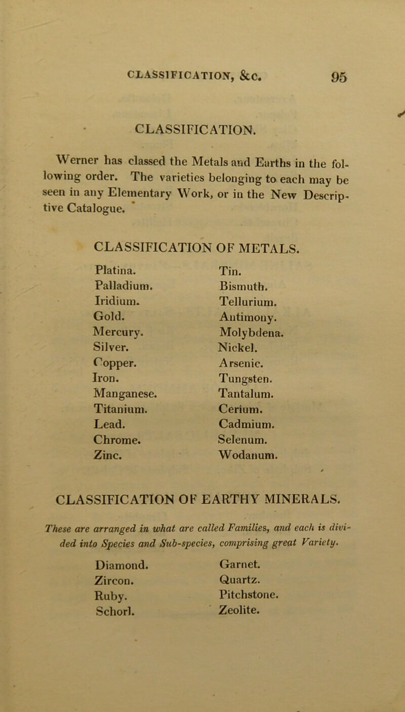 CLASSIFICATION. Werner has classed the Metals and Earths in the fol- lowing order. The varieties belonging to each may be seen in any Elementary Work, or in the New Descrip- tive Catalogue. CLASSIFICATION OF METALS. Platina. Palladium. Iridium. Gold. Mercury. Silver. Copper. Iron. Manganese. Titanium. Lead. Chrome. Zinc. Tin. Bismuth. Tellurium. Antimony. Molybdena. Nickel. Arsenic. Tungsten. Tantalum. Cerium. Cadmium. Selenum. Wodanum. CLASSIFICATION OF EARTHY MINERALS. These are arranged in what are called Families, and each is divi- ded into Species and Sub-species, comprising great Variety. Diamond. Zircon. Ruby. Schorl. Garnet. Quartz. Pitchstone. Zeolite.