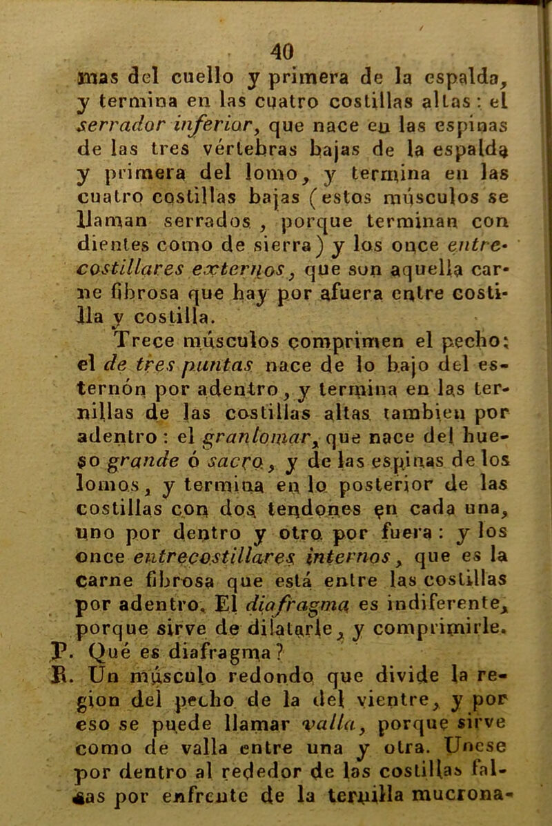 inas del cuello y primera de la espalda, y termina en las cuatro costillas altas : el serrador inferior, que nace en las espinas de las tres vértebras bajas de la espalda y primera del lomo, y termina en las cuatro costillas bajas (estos músculos se llaman serrados , porque terminan con dientes como de sierra) y los once entre- costillares extensos, que son aquella car- ne fibrosa que hay por afuera entre costi- lla y costilla. Trece músculos comprimen el pecho; el de tres puntas nace de lo bajo del es- ternón por adentro, y termina en las ter- nillas de las costillas altas, también por adentro ; el granlomar, que nace del hue- so grande ó sacro, y de las espinas de los lomos, y termina en lo posterior de las costillas con dos tendones cn cada una, uno por dentro y otro, por fuera : y los once entrecostillares internos, que es la Carne fibrosa que está entre las costillas por adentro. El diafragma es indiferente, porque sirve de dilatarle, y comprimirle. p. Qué es diafragma? R. Un músculo redondo que divide la re- gión del pecho de la del vientre, y por eso se puede llamar valla, porque sirve como de valla entre una y otra. Unese por dentro al rededor de las costillai» fal- cas por enfrente de la ternilla mucrona-