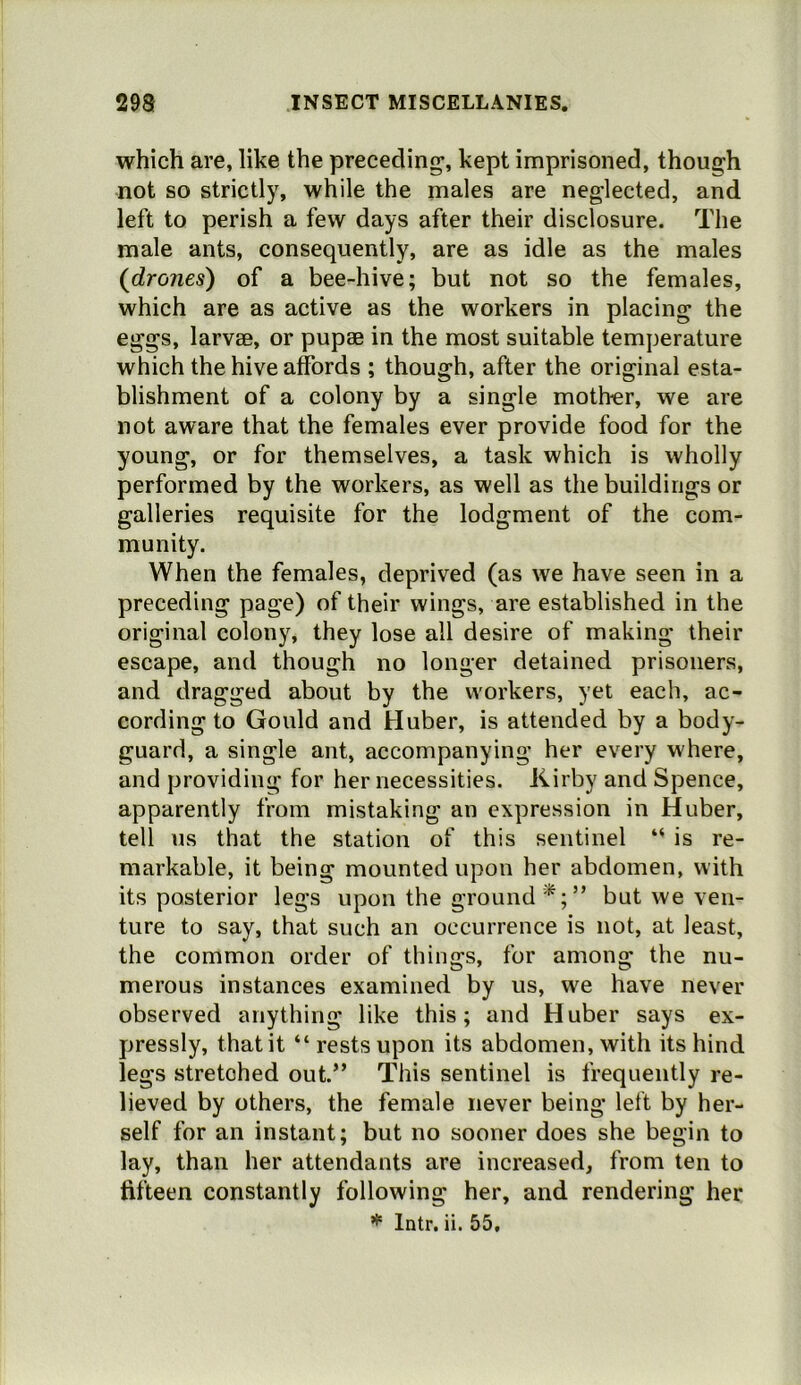 which are, like the preceding', kept imprisoned, though not so strictly, while the males are neglected, and left to perish a few days after their disclosure. The male ants, consequently, are as idle as the males (^drones) of a bee-hive; but not so the females, which are as active as the workers in placing the eggs, larvae, or pupae in the most suitable temperature which the hive affords ; though, after the original esta- blishment of a colony by a single mother, we are not aware that the females ever provide food for the young, or for themselves, a task which is wholly performed by the workers, as well as the buildings or galleries requisite for the lodgment of the com- munity. When the females, deprived (as we have seen in a preceding page) of their wings, are established in the original colony, they lose all desire of making their escape, and though no longer detained prisoners, and dragged about by the workers, yet each, ac- cording to Gould and Huber, is attended by a body- guard, a single ant, accompanying her every where, and providing for her necessities. Kirby and Spence, apparently from mistaking an expression in Huber, tell us that the station of this sentinel “ is re- markable, it being mounted upon her abdomen, with its posterior legs upon the ground ” but we ven- ture to say, that such an occurrence is not, at least, the common order of things, for among the nu- merous instances examined by us, we have never observed anything like this; and Huber says ex- pressly, that it “ rests upon its abdomen, with its hind legs stretched out.” This sentinel is frequently re- lieved by others, the female never being left by her- self for an instant; but no sooner does she begin to lay, than her attendants are increased, from ten to fifteen constantly following her, and rendering her * Intr. ii. 55,