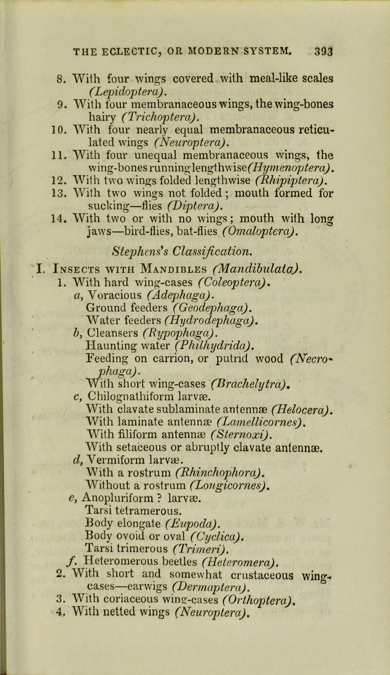 8. With four wings covered with meal-like scales (LepidopteraJ. 9. With four membranaceous wings, the wing-bones hairy (Trichoptera). 10. With four nearly equal membranaceous reticu- lated wings (Neuroptera). 11. With four unequal membranaceous wings, the wing-bones running-lengthwise 12. With two wings folded lengthwise (Rhipiptera). 13. AVith two wings not folded; mouth formed for sucking—flies (Diptera). 14. With two or with no wings; mouth with long jaws—bird-flies, bat-flies (Omaloptera), StejRiens^s Classification. Insects with Mandibles (Mandihulata). 1. With hard wing-cases (Coleoptera). a. Voracious (Adephaga). Ground feeders (Geodephaga). AVater feeders (Hydrodephaga). b, Cleansers (Rypophaga). Haunting water (Philhydrida). Feeding on carrion, or putrid wood (Necro Wohaga). ith short wing-cases (Brachelytra), c, Chilognathiform larvae. With clavate sublaminate antennae (Helocera). AVith laminate antennae (Lamellicornes). A'A’^ith filiform antennae (Sternoxi). AVith setaceous or abruptly clavate antennae. d, Vermiform larvae. With a rostrum (Rhinchophora). Without a rostrum (Longicornes). e, Anopluriform ? larvae. Tarsi tetramerous. Body elongate (Eupoda). Body ovoid or oval (Cyclica). Tarsi trimerous (Trimeri). /, Heteromerous beetles (Heteromera). 2. With short and somewhat crustaceous wing- cases—earwigs (Dermaptera). 3. AVith coriaceous winsr-cases (Orthoptera), 4, With netted wings (Neuroptera),