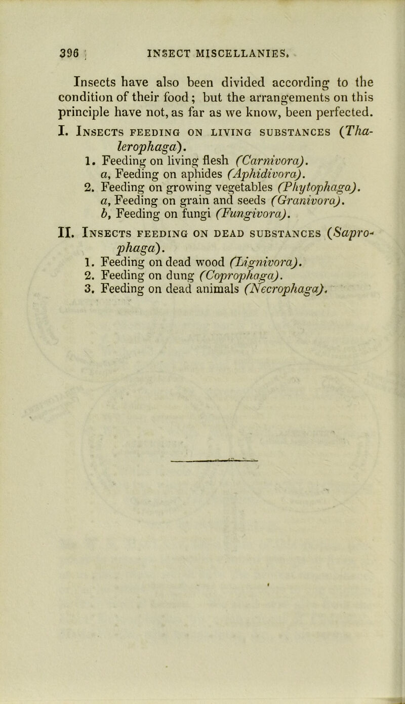 Insects have also been divided according to the condition of their food ; but the arrangements on this principle have not, as far as we know, been perfected. I. Insects feeding on living substances {Tha- lerophagd). 1. Feeding on living flesh (Carnivora). a. Feeding on aphides (Aphidivora). 2. Feeding on growing vegetables (Phytophaga). a. Feeding on grain and seeds (Granivora). b. Feeding on fungi (Fungivora). II. Insects feeding on dead substances {Hapro^ phaga). 1. Feeding on dead wood (Lignivora). 2. Feeding on dung (Coprophaga). 3. Feeding on dead animals (Necrophaga),