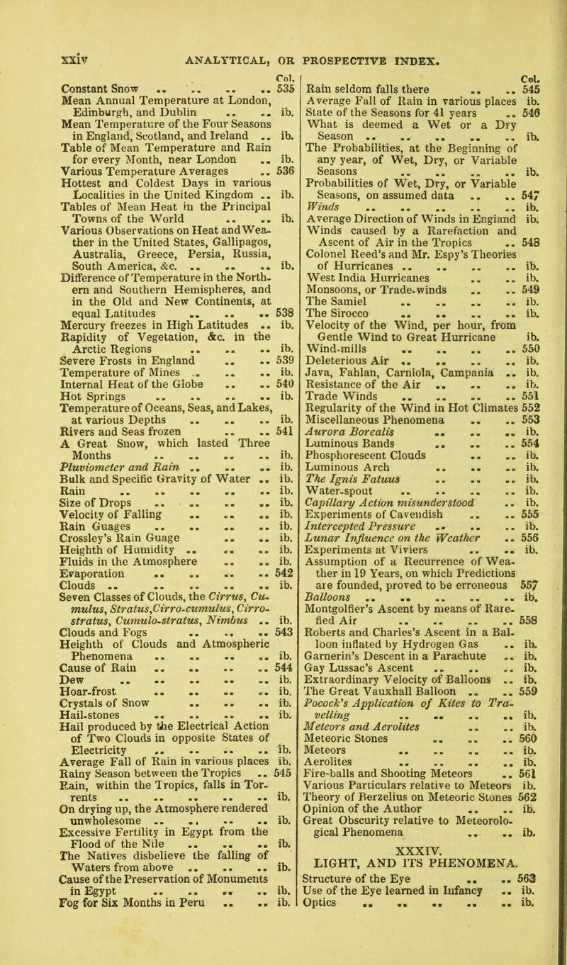 Constant Snow Mean Annual Temperature at London, Edinburgh, and Dublin .. . - ib. Mean Temperature of the Four Seasons in England, Scotland, and Ireland .. ib. Table of Mean Temperature and Rain for every Month, near London .. ib. Various Temperature Averages .. 636 Hottest and Coldest Days in various Localities in the United Kingdom .. ib. Tables of Mean Heat in the Principal Towns of the World .. . - ib. Various Observations on Heat and Wea- ther in the United States, Gallipagos, Australia, Greece, Persia, Russia, South America, Sec ib. Difference of Temperature in the North- ern and Southern Hemispheres, and in the Old and New Continents, at equal Latitudes 638 Mercury freezes in High Latitudes .. ib. Rapidity of Vegetation, &c. in the Arctic Regions ib. Severe Frosts in England ,. .. 539 Temperature of Mines ib. Internal Heat of the Globe .. -- 640 Hot Springs ib. Temperature of Oceans, Seas, and Lakes, at various Depths ib. Rivers and Seas frozen .. .. 541 A Great Snow, which lasted Three Months ib. Pluviometer and Rain ib. Bulk and Specific Gravity of Water .. ib. Rain ib. Size of Drops .. ib. Velocity of Falling .. .. ib. Rain Guages ib. Crossley’s Rain Guage .. ib. Heighth of Humidity ib. Fluids in the Atmosphere .. .. ib. Evaporation 642 Clouds .. ib. Seven Classes of Clouds, the Cirrus, Czt- mulus. Stratus,Cirro-cumulus, Cirro- stratus, Cumulo-stratus, Nimbus .. ib. Clouds and Fogs 543 Heighth of Clouds and Atmospheric Phenomena ib. Cause of Rain .. .. .. .. 644 Dew ib. Hoar-frost ib. Crystals of Snow ib. Hail-stones ib. Hail produced by the Electrical Action of Two Clouds in opposite States of Electricity Ib. Average Fall of Rain in various places ib. Rainy Season between the Tropics .. 545 Rain, within the Tropics, falls in Tor- rents ib. On drying up, the Atmosphere rendered unwholesome ib. Excessive Fertility in Egypt from the Flood of the Nile ib. The Natives disbelieve the falling of Waters from above ib. Cause of the Preservation of Monuments in Egypt ib. Fog for Six Months in Peru .. .. ib. Col. Rain seldom falls there ,. .. 545 Average Fall of Rain in various places ib. State of the Seasons for 41 years .. 546 What is deemed a Wet or a Dry Season .. ib. The Probabilities, at the Beginning of any year, of Wet, Dry, or Variable Seasons ., ib. Probabilities of Wet, Dry, or Variable Seasons, on assumed data ., ,. 547 Winds ib. Average Direction of Winds in Engiand ib. Winds caused by a Rarefaction and Ascent of Air in the Tropics .. 548 Colonel Reed’s and Mr. Espy’s Theories of Hurricanes ib. West India Hurricanes .. .. ib. Monsoons, or Trade-winds .. ..549 The Samiel ib. The Sirocco ib. Velocity of the Wind, per hour, from Gentle Wind to Great Hurricane ib. Wind-mills .. .. .. .. 550 Deleterious Air ib. Java, Fahlan, Carniola, Campania .. ib. Resistance of the Air ib. Trade Winds 551 Regularity of the Wind in Hot Climates 552 Miscellaneous Phenomena .. 553 Aurora Borealis ib. Luminous Bands .. .. 554 Phosphorescent Clouds .. .. ib. Luminous Arch ib. The Ignis Fatuus -. . - -. ib. Water-spout ib. Capillary Action misunderstood ib. Experiments of Cavendish .. ,.555 Intercepted Pressure ib. Lunar Influence on the Weather .. 556 Experiments at Viviers .. ib. Assumption of a Recurrence ofWea- ther in 19 Years, on which Predictions are founded, proved to be erroneous 557 Balloons ib, Montgolfier’s Ascent by means of Rare- fied Air .. 558 Roberts and Charles’s Ascent in a Bal- loon inflated by Hydrogen Gas .. ib. Garnerin’s Descent in a Parachute .. ib. Gay Lussac’s Ascent ib. Extraordinary Velocity of Balloons .. ib. The Great Vauxhall Balloon .. .. 559 Pocock's Application of Kites to Tra- velling .. .. .. ib. Meteors and Aerolites ,. .. ib. Meteoric Stones 560 Meteors .. .. .. ib. Aerolites ib. Fire-balls and Shooting Meteors 561 Various Particulars relative to Meteors ib. Theory of Berzelius on Meteoric Stones 562 Opinion of the Author .. .. ib. Great Obscurity relative to Meteorolo- gical Phenomena .. .. ib. XXXIV. LIGHT, AND ITS PHENOMENA. Structure of the Eye .. .. 563 Use of the Eye learned in Infancy .. ib. Optics ib. Col. 535