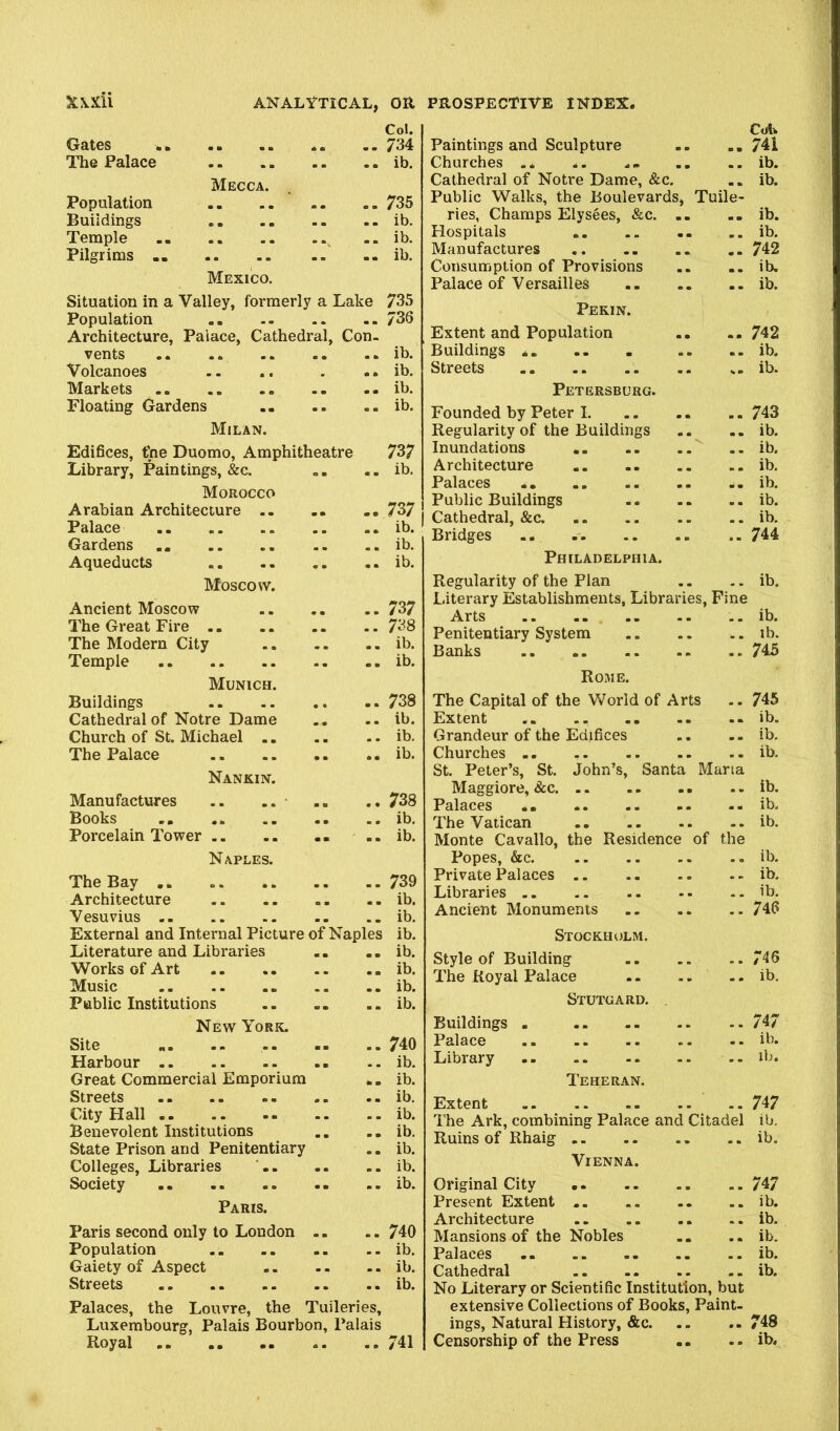 Col. Gates 734 The Palace ib. Mecca. Population .. .. .. .. 735 Buildings ib. Temple ib. Pilgrims -- ib. Mexico. Situation in a Valley, formerly a Lake 735 Population .. - 736 Architecture, Palace, Cathedral, Con- vents .. .. ib. Volcanoes .. .. . .. ib. Markets ib. Floating Gardens ib. Milan. Edifices, tVie Duomo, Amphitheatre 737 Library, Paintings, &c. ib. Morocco Arabian Architecture .. .. .. 737 Palace ib. Gardens ib. Aqueducts ib. Moscow. Ancient Moscow 737 The Great Fire 738 The Modern City ib. Temple ib. Munich. Buildings 738 Cathedral of Notre Dame .. .. ib. Church of St. Michael ib. The Palace ib. Nankin. Manufactures .. .. .. .. 738 Books .. ib. Porcelain Tower .. .. .. .. ib. Naples. The Bay 739 Architecture -. ib. Vesuvius ib. External and Internal Picture of Naples ib. Literature and Libraries ., .. ib. Works of Art ib. Music .. .. ib. Public Institutions ib. New York. Site .. 740 Harbour ib. Great Commercial Emporium .. ib. Streets ib. City Hall ib. Benevolent Institutions .. ib. State Prison and Penitentiary .. ib. Colleges, Libraries ‘ ib. Society ib. Paris. Paris second only to London .. .. 740 Population ib. Gaiety of Aspect ib. Streets ib. Palaces, the Louvre, the Tuileries, Luxembourg, Palais Bourbon, Palais Royal 741 Cotk Paintings and Sculpture .. ..741 Churches .* .. .. .. .. ib. Cathedral of Notre Dame, &c. ., ib. Public Walks, the Boulevards, Tuile- ries, Champs Elysees, &c. .. -. ib. Hospitals .. .. .. .. ib. Manufactures 742 Consumption of Provisions .. .. ib. Palace of Versailles ib. Pekin. Extent and Population .. .. 742 Buildings .. . .. .. ib. Streets s. ib. Petersburg. Founded by Peter 1 743 Regularity of the Buildings .. .. ib. Inundations .. .. .. .. ib. Architecture ib. Palaces .. ib. Public Buildings ib. Cathedral, &c. ib. Bridges 744 Philadelphia. Regularity of the Plan .. .. ib. Literary Establishments, Libraries, Fine Arts .. .. , .. .. .. ib. Penitentiary System ib. Banks 745 Rome. The Capital of the World of Arts 745 Extent .. .. .. .. .. ib. Grandeur of the Edifices .. ib. Churches ib. St. Peter’s, St. John’s, Santa Maria Maggiore, &c ib. Palaces .. ib. The Vatican ib. Monte Cavallo, the Residence of the Popes, &c. ib. Private Palaces ib. Libraries ib. Ancient Monuments 746 Stockholm. Style of Building 746 The Royal Palace ib, Stutgard. . Buildings . 747 Palace .. ib. Library ib. Teheran. Extent 747 The Ark, combining Palace and Citadel ib. Ruins of Rhaig ib. Vienna. Original City 747 Present Extent ib. Architecture ib. Mansions of the Nobles .. .. ib. Palaces ib. Cathedral ib. No Literary or Scientific Institution, but extensive Collections of Books, Paint- ings, Natural History, &c. .. .. 748 Censorship of the Press .. .. ib.