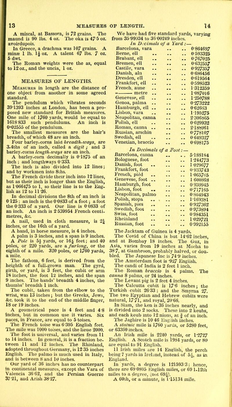 13 MEASURES A miscal, at Bassora, is 72 grains. The maund is 90 lbs. 4 oz. The oka is 47'5 oz. avoirdupois. In Greece, a drachma was 107 grains. A minae 1 lb. 1^ oz. A talent 67 lbs. 7 oz. 6 dwt. The Roman weights were the as, equal to 12 oz., and the uncia, 1 oz. MEASURES OF LENGTHS. Measures in length are the distance of one object from another in some agreed standard. The pendulum which vibrates seconds 39’1393 inches at London, has been a pro- posed new standard for British measures. One mile of 1760 yards, would be equal to 1618 833 such pendulums. An inch is 0*02555 of the pendulum. The smallest measures are the hair’s breadth, of which 48 are an inch. Four barley-corns laid breadth-ways^ are 3-4ths of an inch, called a digit; and 3 barley-corns length-ways are an inch. A barley-corn decimally is 0‘1875 of an inch ; and lengthways 0 333. The inch is also divided into 12 lines; and by workmen into 8ths. The French divide their inch into 12 lines, but as their inch is longer than the English, as 1-066475 to 1, so their line is to the Eng- lish as 12 to 1T26. In decimal divisions the 8th of an inch is 0125 ; an inch is the 0 0833 of a foot; a foot the 0 333 of a yard. Our line is 0 0833 of an inch. An inch is 2 539954 French centi- metres, &c. A nail, used in cloth measure, is 2j inches, or the 16th of a yard. A hand, in horse measure, is 4 inches. A palm is 3 inches, and a span is 9 inches. A Pole is 5| yards, or 16^ feet; and 40 poles, or 220 yards, are Si furlong, or the eighth of a mile. 320 poles, or 1760 yards, i a mile. The fathom, 6 feet, is derived from the heighth of a full-grown man. The gyrd, I girth, or yard, is 3 feet, the cubit or arm j 18 inches, the foot 12 inches, and the span I 9 inches. The hands’ breadth 4 inches, the I thumbs’ breadth 1 inch. The cubit, taken from the elbow to the wrist, was 13 inches; but the Greeks, Jews, &c. took it to the end of the middle finger, 18 or 19 inches. A geometrical pace is 4 feet and 4 8 inches, but in common use it varies. Six paces, in France, are equal to 5 toises. The French toise was 6-395 English feet. The mile was 1000 toises, and the lieue 2000. The foot is universal, and varies from 11 to 14 inches. In general,.it is a fraction be- tween 11 and 12 inches. The Rhinland, adopted throughout Germany, is 12 35 inches English. The pal mo is much used in Italy, and is between 8 and 10 inches. Our yard of 36 inches has no counterpart in continental measures, except the Vara of Valencia 36 62, and the Persian Guerze 37-21, and Arish 38-27. OF LENGTH. 14 We have had five standard yards, varying from 35-99934 to 38 00249 inches. In Decimals of a Yard:— Barcelona, vara .. .. 0 864697 Berne, ell 0 593325 Brabant, ell 0 767025 Bremen, ell 0-63255/ Castile, vara 0-927357 Danish, aln 0 686456 Dresden, ell 0-619564 Frankfort, ell 0-598523 French, aune 1 -312359 metre 1-087016 Genevese, ell T250788 Genoa, palma 0-273222 Hamburgh, ell 0-62683 Lisbon, vara 1-195275 Neapolitan, canna .. .. 2 306865 Polish, ell 0-629932 Roman, canna 2-188961 Russian, arschin .. .. 0-778107 Swedish, ell 0 649327 Venetian, braccio .. .. 0-698175 In Decimals of a Foot: — Barcelona, canna .. . , 5-188184 Bolognese, foot .. .. 1-244773 Danish, foot 1 029677 Frankfort, foot .. .. 0 933743 French, pied 1-085765 Genevese, foot . 1 600863 Hamburgh, foot .. .. 0 939945 Lisbon, foot 0-717165 Neapolitan, palmo .. .. 0-864943 Polish, stopa ... .. .. 1-169381 Spanish, pies 0-927362 Swedish, foot 0-9/3894 Swiss, foot 0-984351 Rheinland 1-029721 Russian, foot 0 992155 The Jacktam of Guinea is 4 yards. The Covid of China is but 14'62 inches, and at Bombay 18 inches. The Guz, in Asia, varies from 19 inches at Mocha to 38-7, at Gambroon, probably halved, or dou- bled. The Japanese Inc is 74-9 inches. The Amsterdam foot is -927 English. The candi of India is 2 feet 1 inch. The Roman braccio is 4 palms. The canna 8 palms, or 24 inches. The Levant pig is 2 feet 4 inches. The Calcutta cubit is 17‘6 inches; the Turkish cubit 26 33 ; and the Smyrna 27. The two Egyptian and Hebrew cubits were natural, 17 71, and royal, 20-66. In Siam, the ken is 36 inches nearly, and is divided into 2 socks. These into 2 keubs, and each keub into 12 nions, ac | of an inch. The Jaghire is 10 46 English inches. A statute mile is 1760 yards, or 5280 feet, or 63360 inches. An Irish mile is 2240 yards, or 1-2727 English. A Scotch mile is 1984 yards, or 80 are equal to 91 English. 11 Irish miles are 14 English, the perch being 7 yards in Ireland, instead of 5^, as in England. In yards, a degree is 121593-3; hence, there are 69 0805 English miles, or 69 l-12th miles to a degree, (not 694). A 60ih, or a minute, is 1-15134 mile.