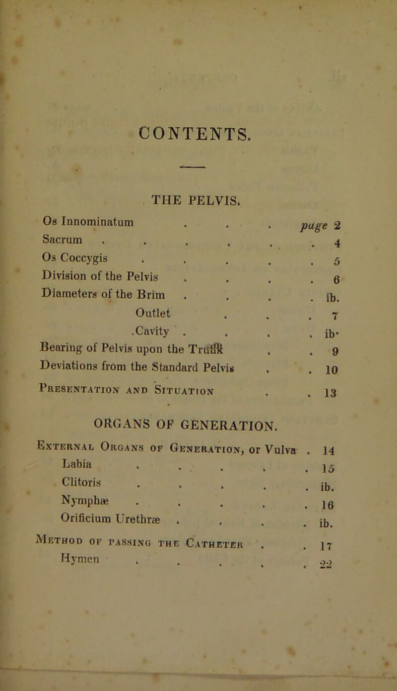 CONTENTS. THE PELVIS. Os Innominatum pug'e 2 Sacrum .... . 4 Os Coccygis 5 Division of the Pelvis . 6 Diameters of the Brim . ib. Outlet 7 • Cavity . . ib- Bearing of Pelvis upon the Truilk . 9 Deviations from the Standard Pelvis . 10 Presentation and Situation . 13 ORGANS OF GENERATION. External Organs of Generation, or Vulva . 14 Labia . . . ^ ,15 Clitoris . . . _ _ j|j Nympha; . . . _ .16 Orificium Urethras . . . . jij_ Method of passing the Catheter . .17 Hymen . . _